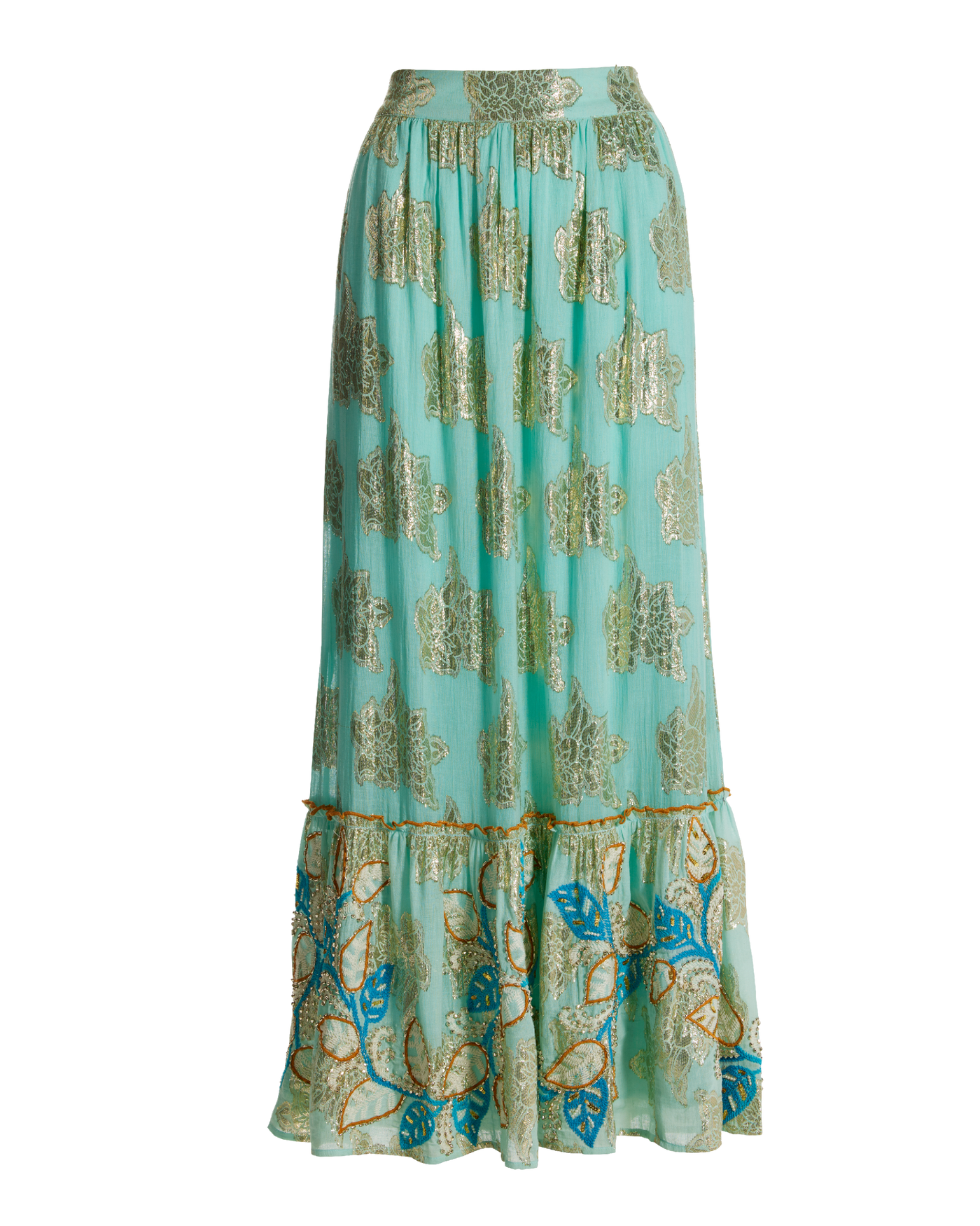 Embroidered Gold Metallic Maxi Skirt Light Blue Multi