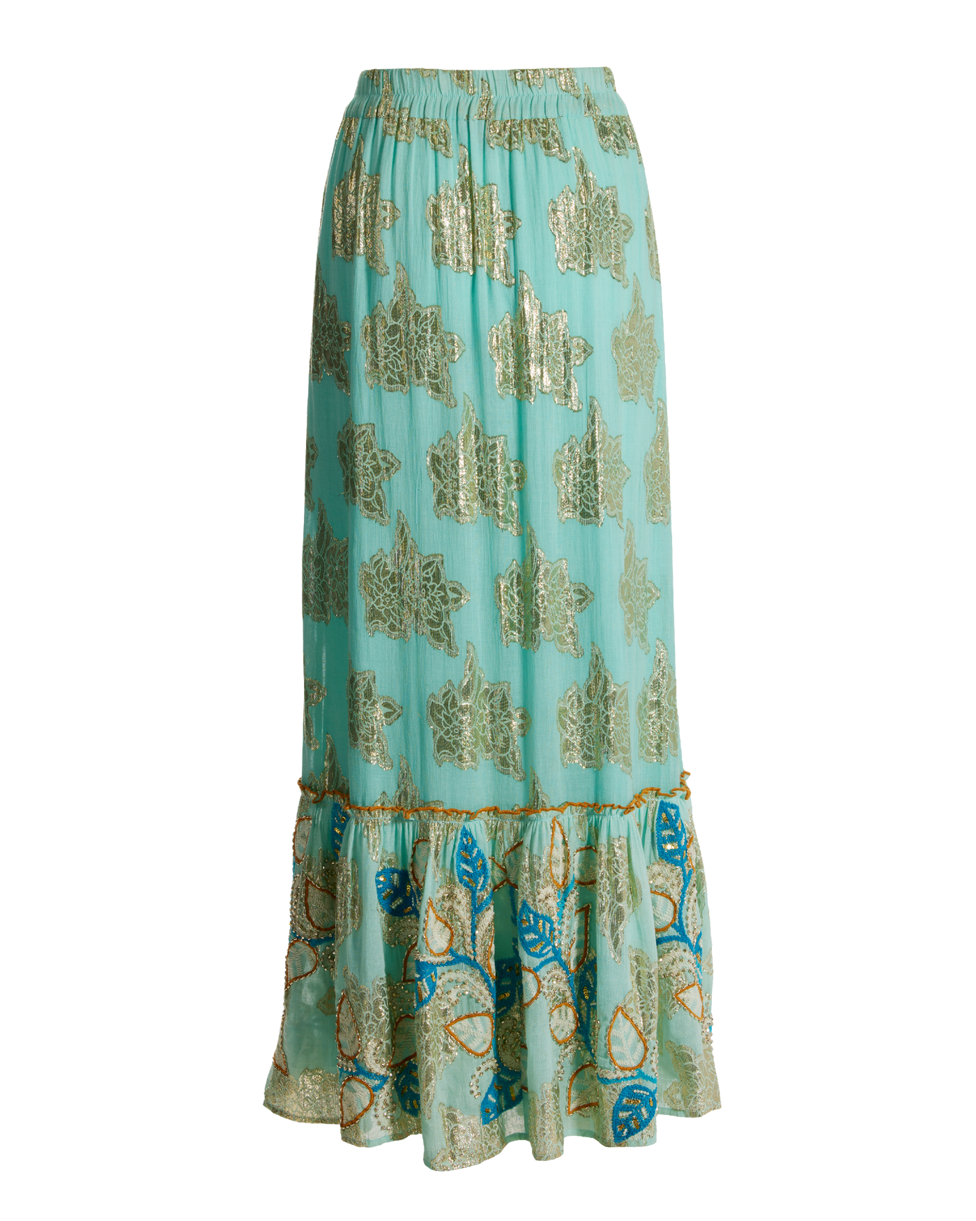 Embroidered Gold Metallic Maxi Skirt Light Blue Multi