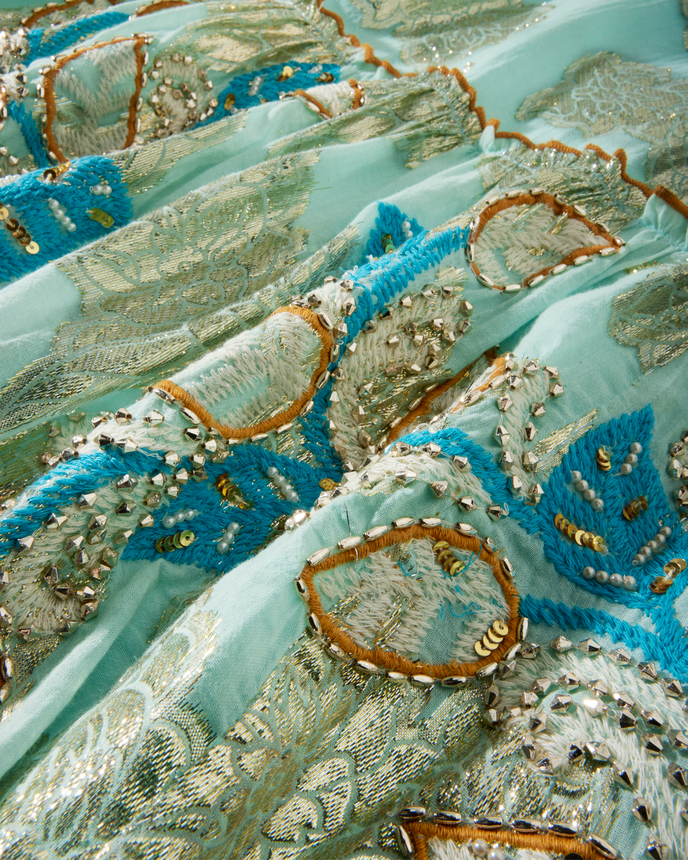 Embroidered Gold Metallic Maxi Skirt Light Blue Multi