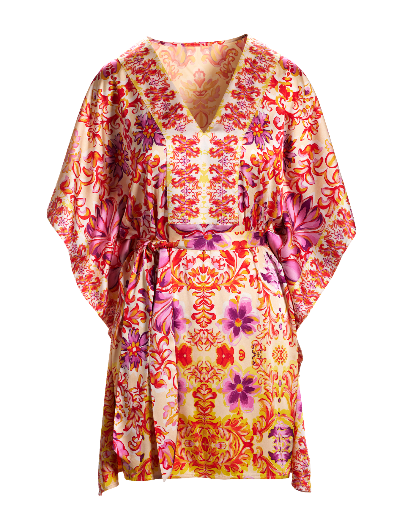 Mirrored Scrolls Border Print V Neck Tunic Dress - Mirrored