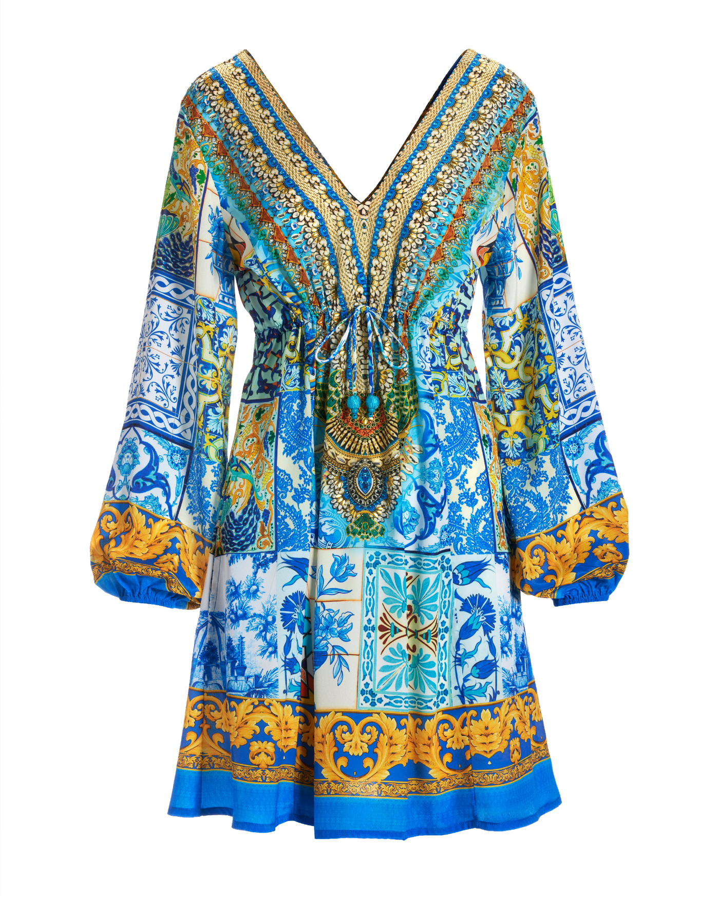 Embellished Tile Print Tassel Long Sleeve A Line Dress - Blue Multi |  Boston Proper