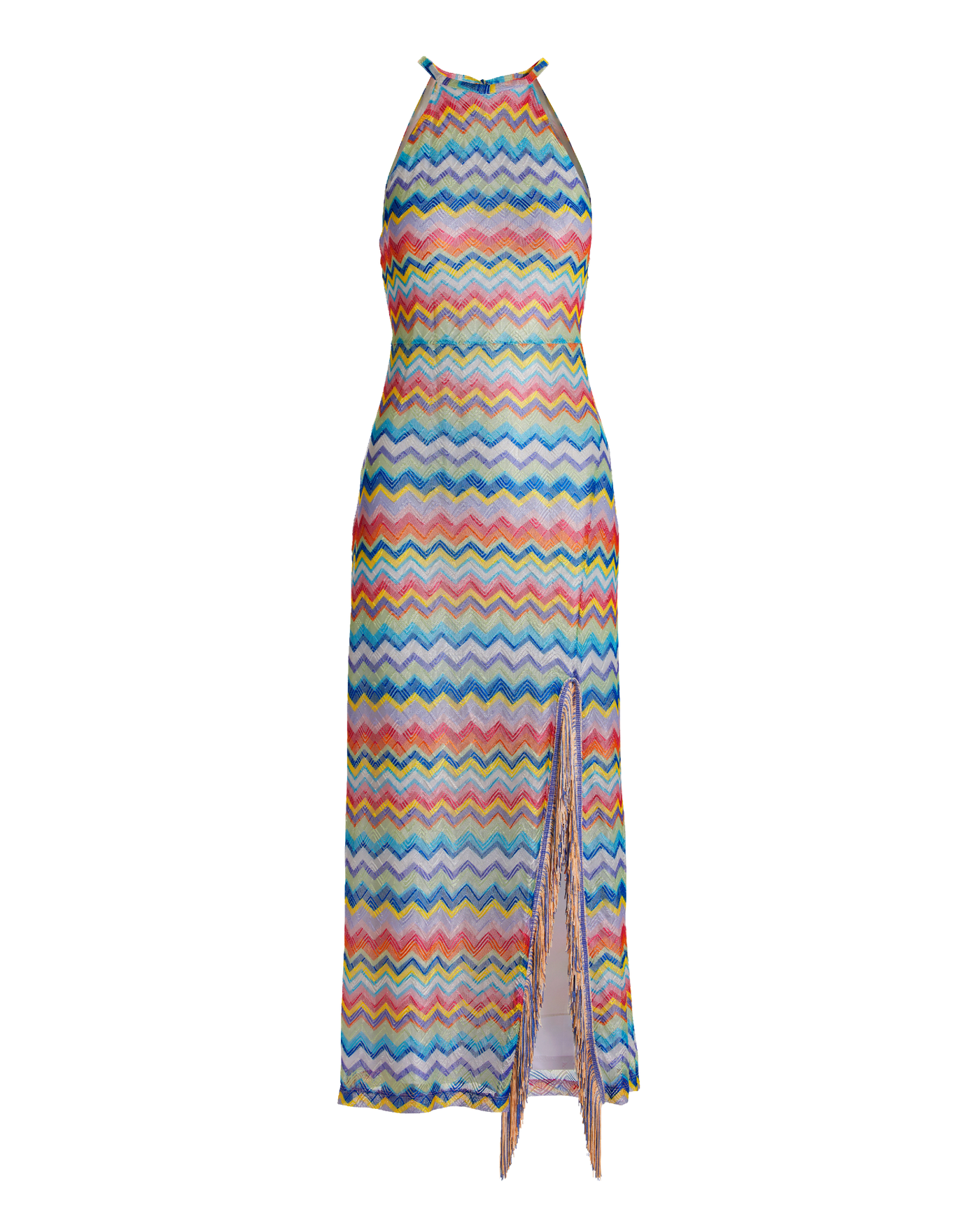 Multi Color Chevron Halter Two Tone Fringe Maxi Dress