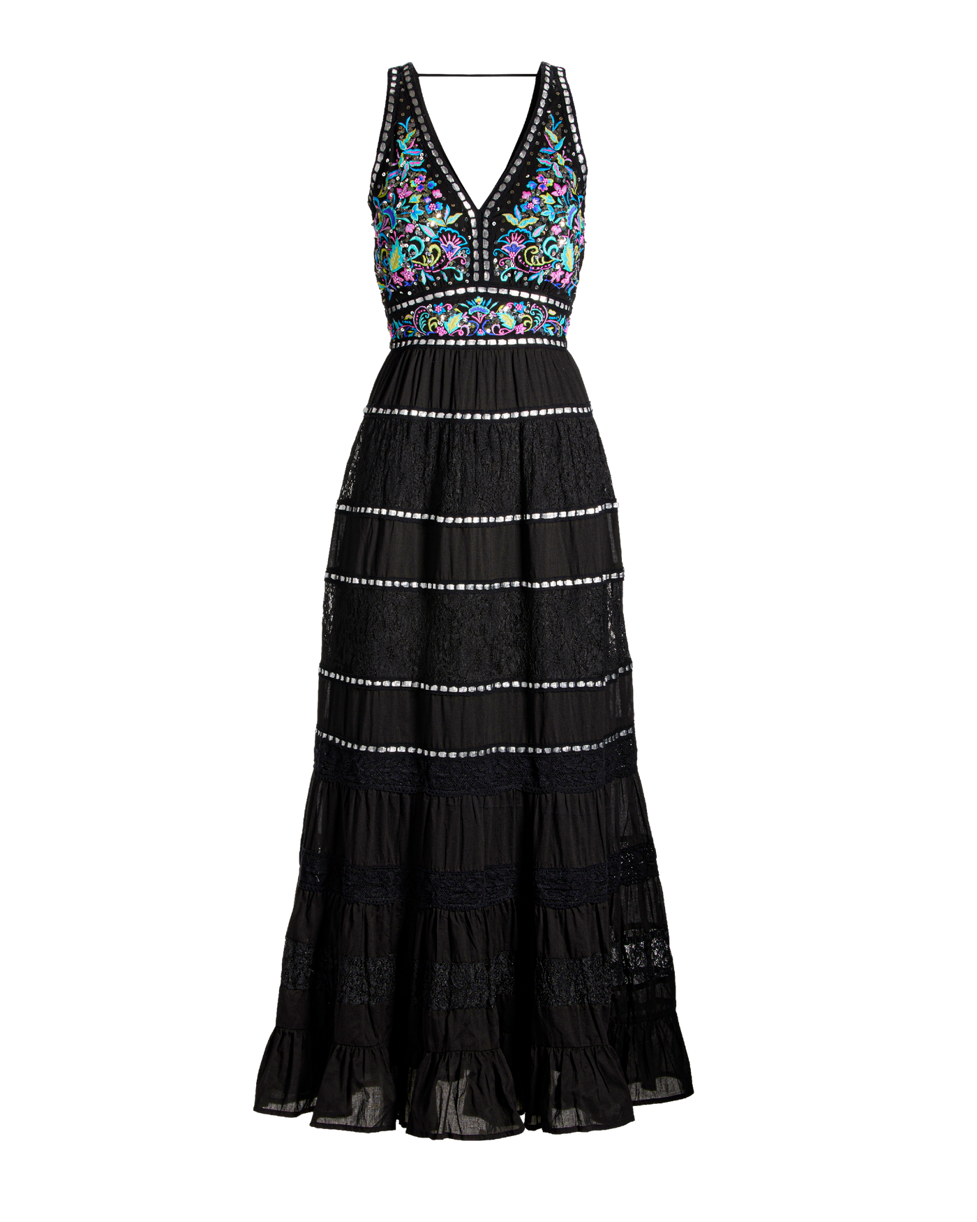 Embroidered and Embellished Tiered Lace Inset Maxi Dress Black