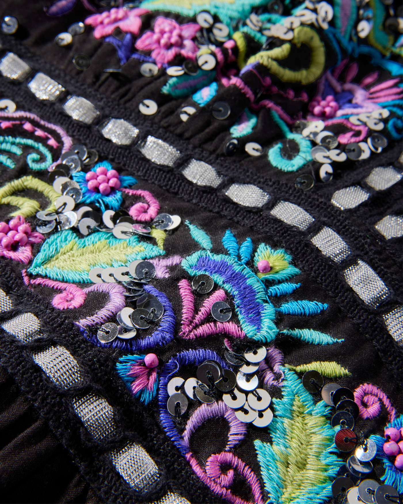 Embroidered and Embellished Tiered Lace Inset Maxi Dress Black