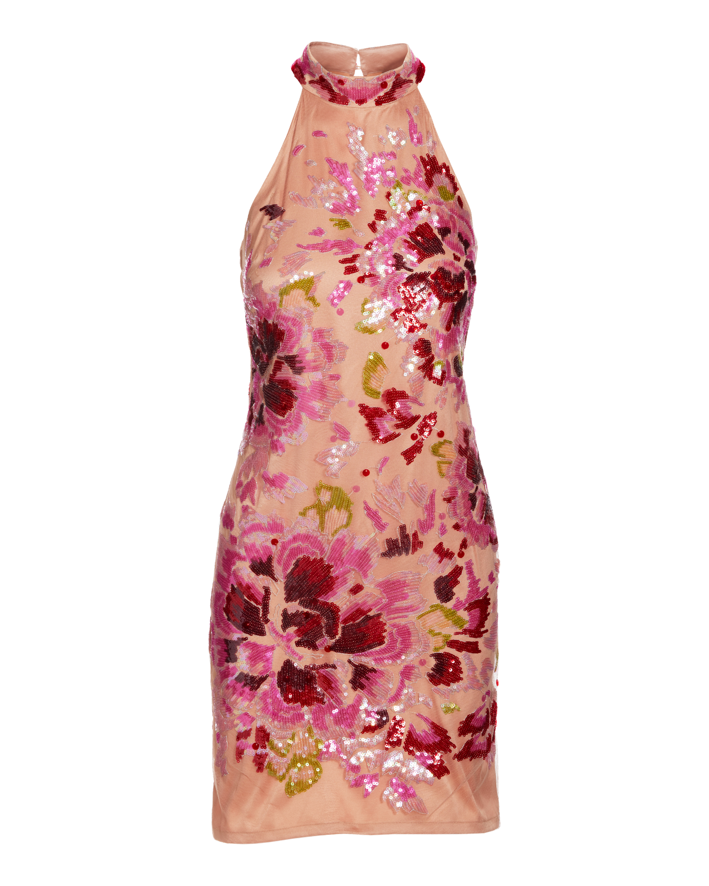 Placed Floral Sequin Mesh High Neck Sheath Dress Pink Multi
