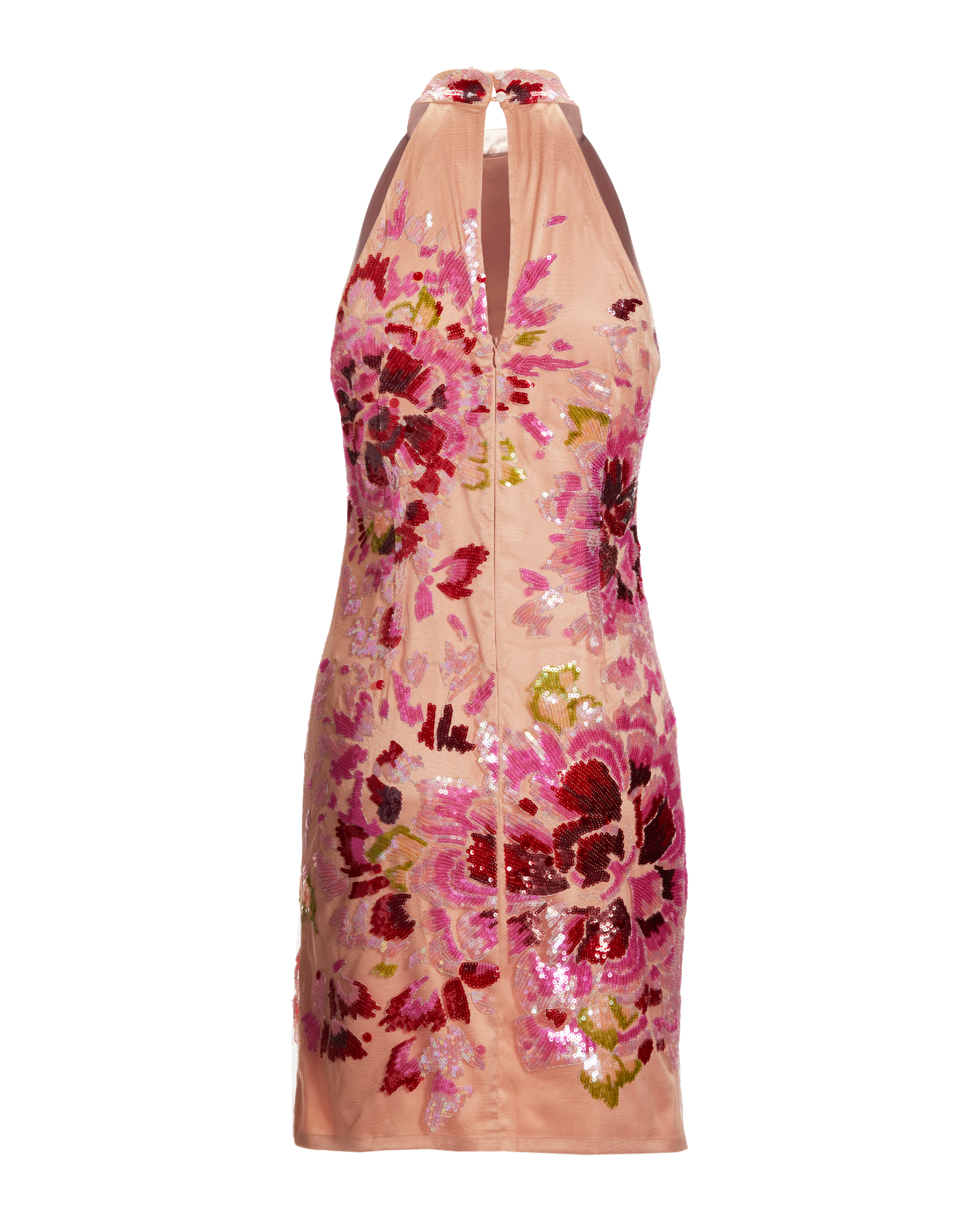 Placed Floral Sequin Mesh High Neck Sheath Dress Pink Multi