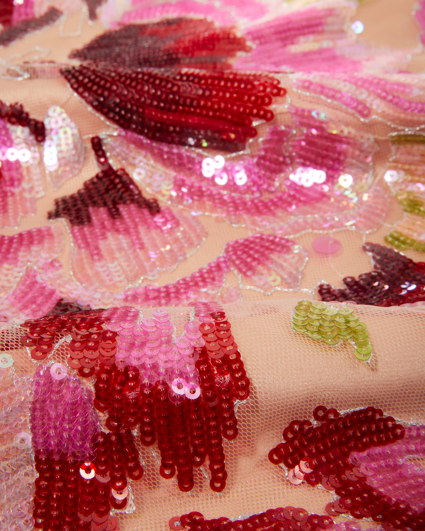 Placed Floral Sequin Mesh High Neck Sheath Dress Pink Multi