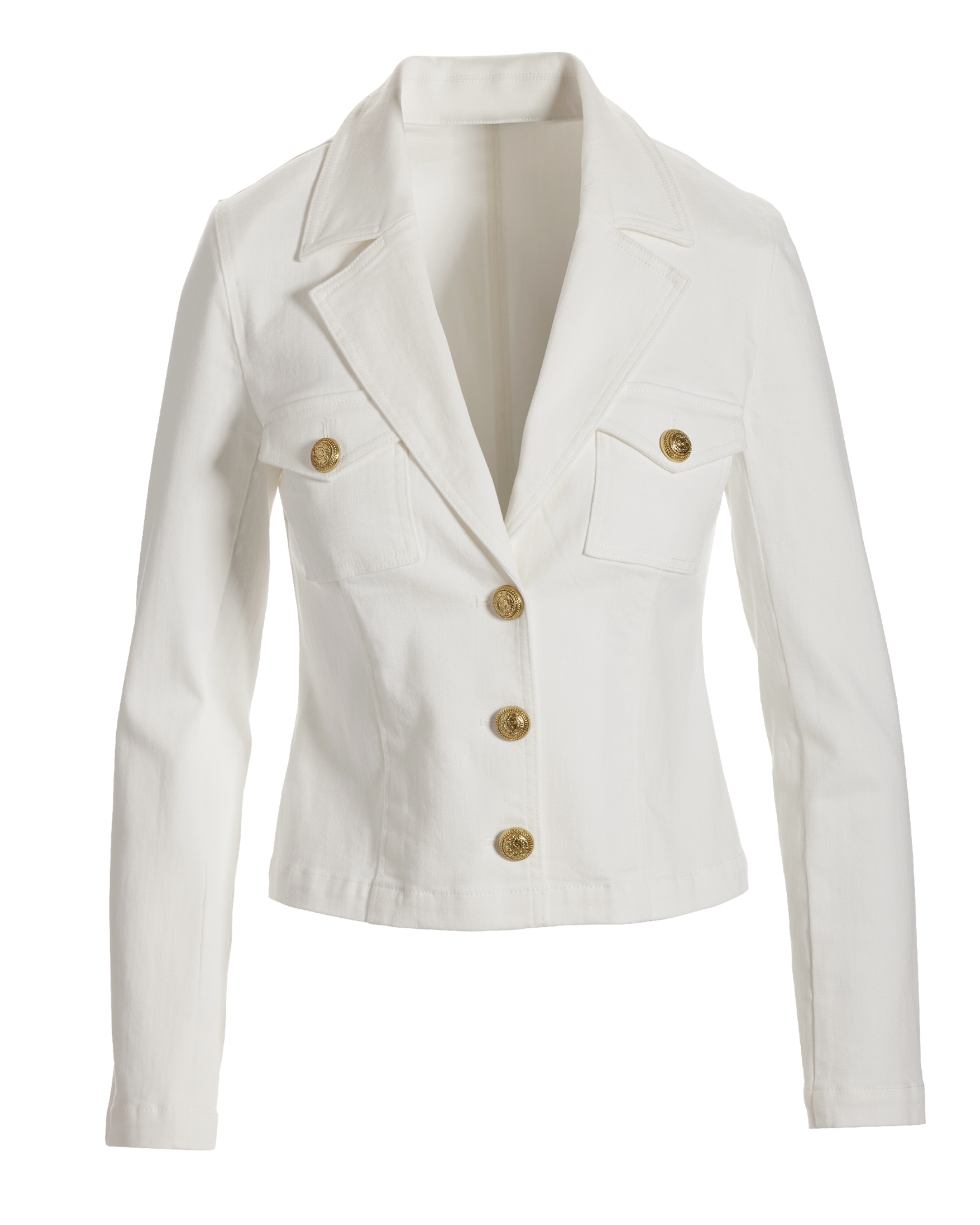 Modern Length Crest Button Luxe Denim Jacket White