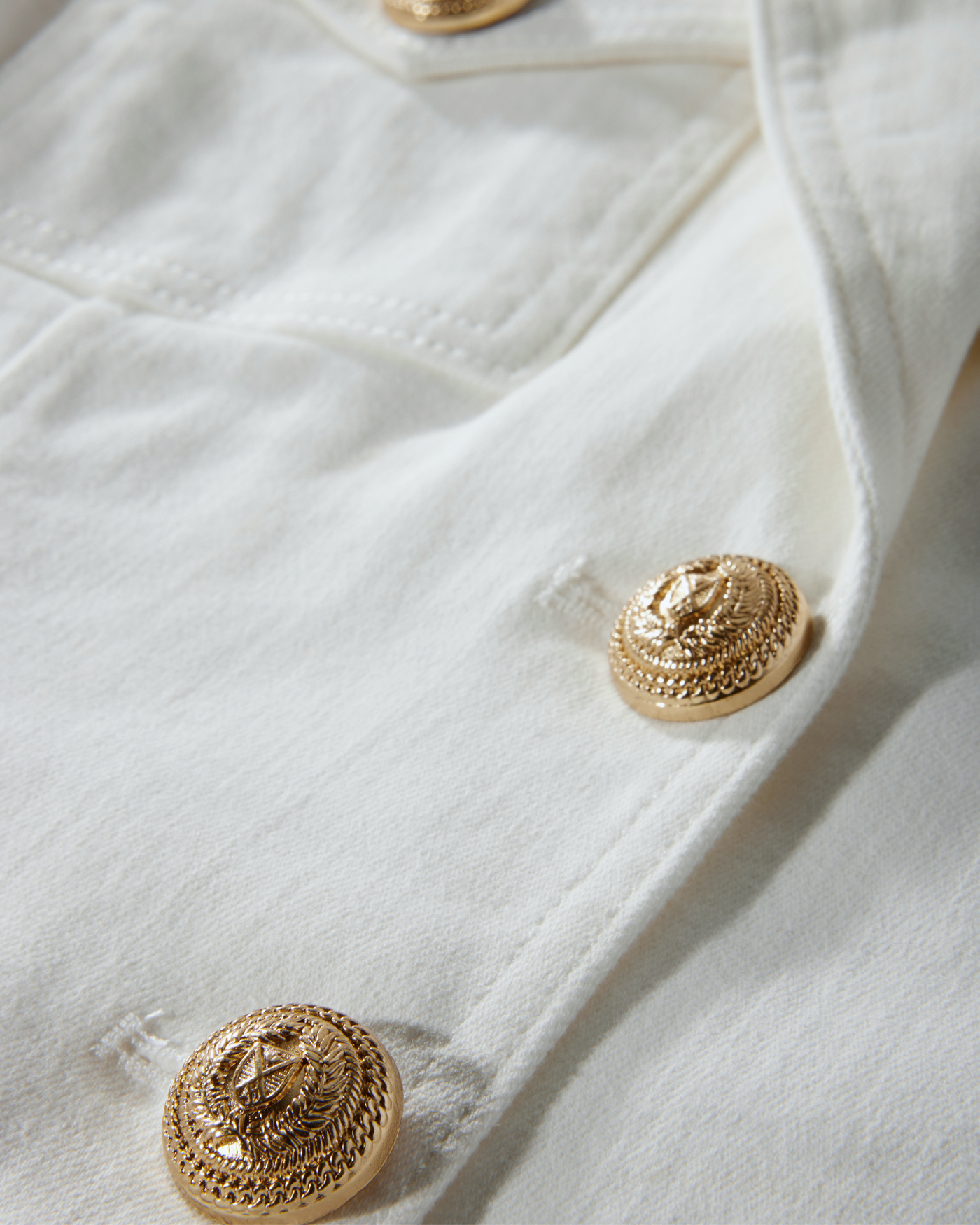 Modern Length Crest Button Luxe Denim Jacket White