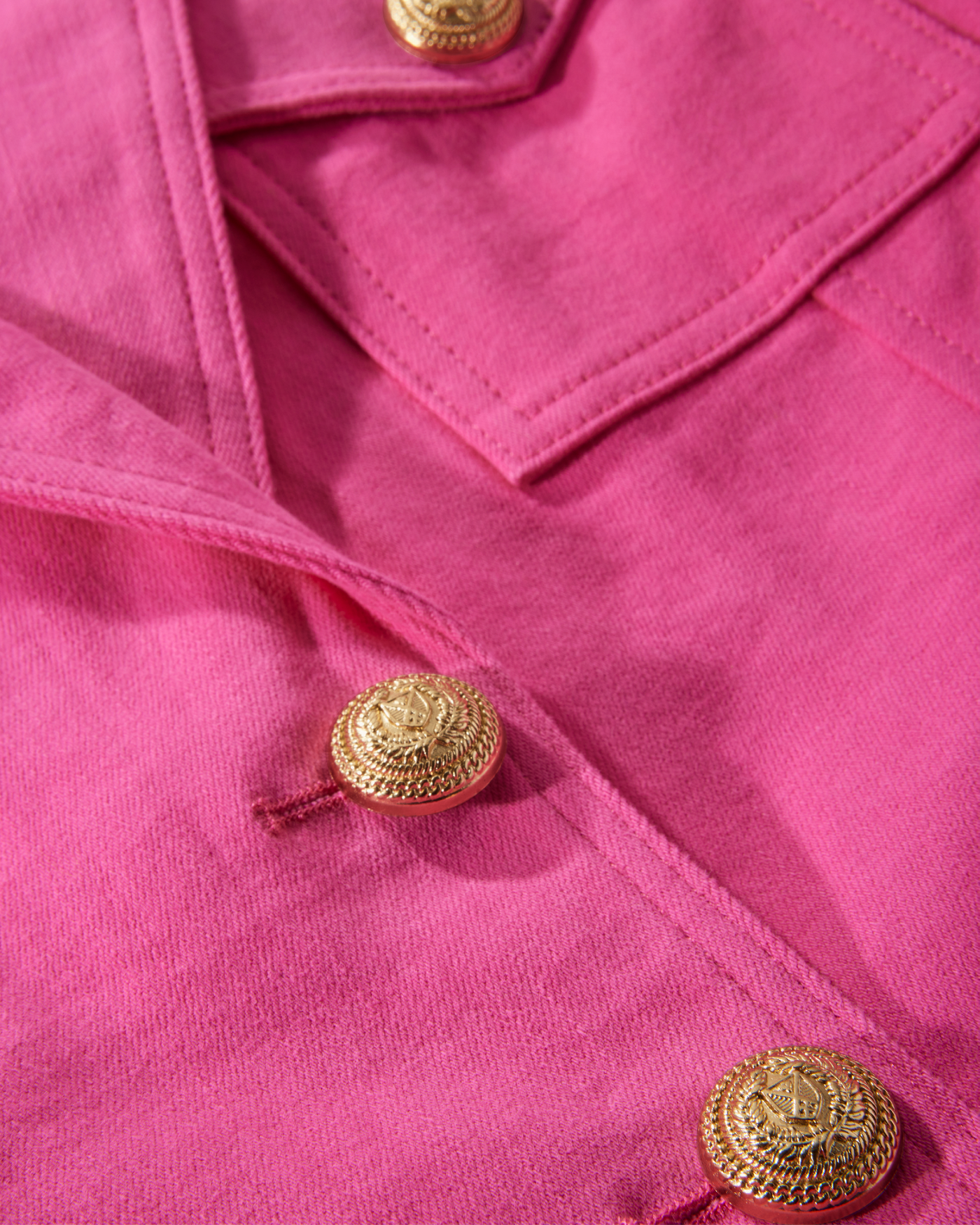Modern Length Crest Button Luxe Denim Jacket Raspberry Rose
