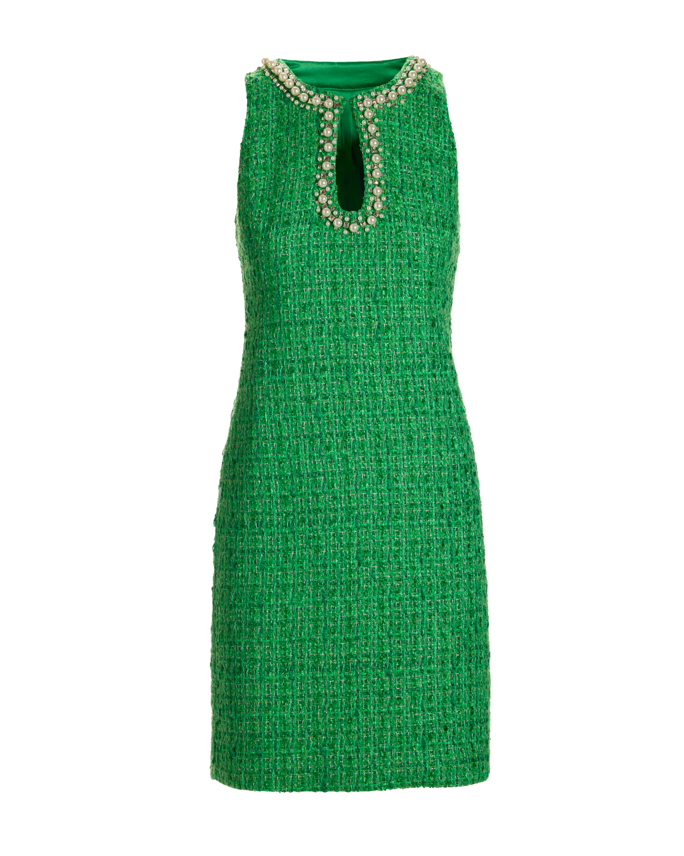 Pearl and Stud Embellished Keyhole Tweed Sheath Dress Green