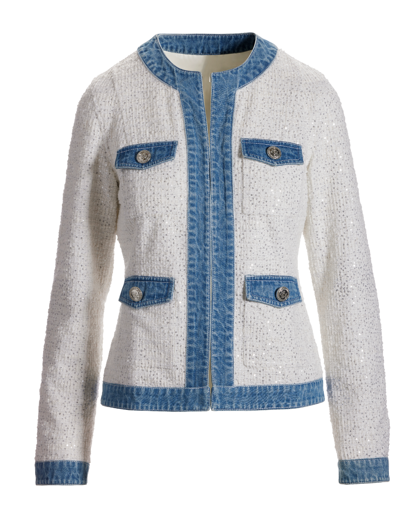 Shimmer Tweed Denim Trim Jacket - Off White | Boston Proper