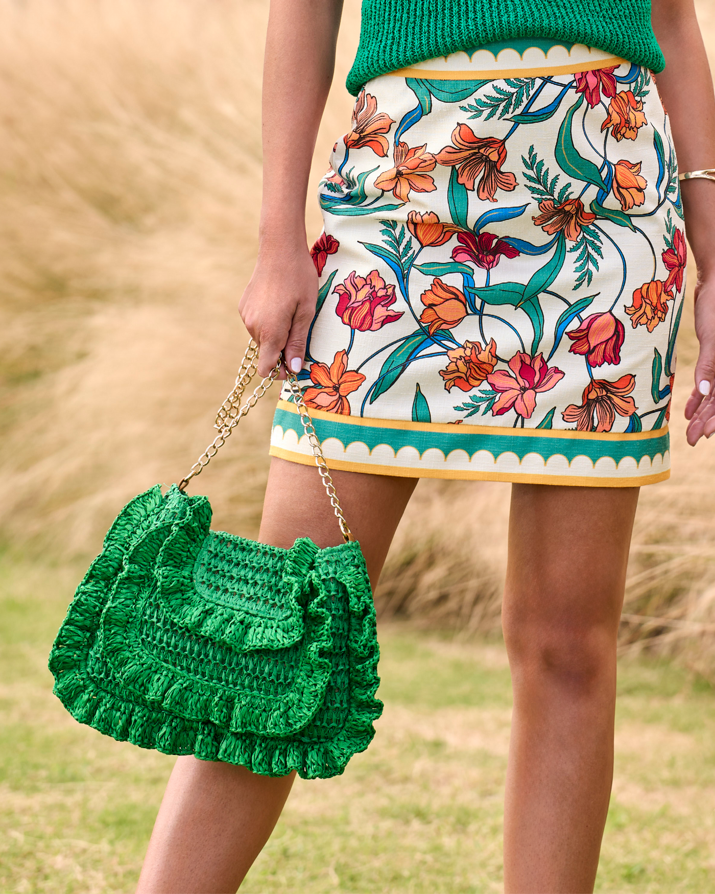 Raffia Ruffle Detail Purse - Green | Boston Proper