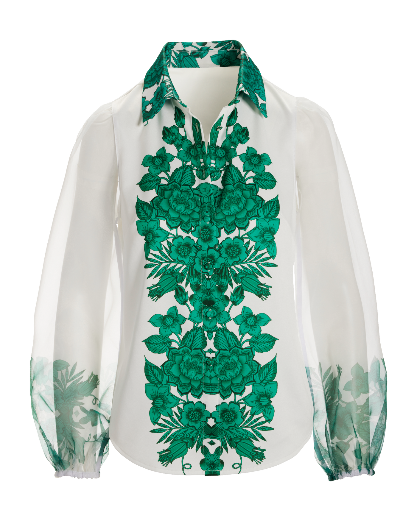 Printed Organza Sleeve Button Up Shirt Tropical Border