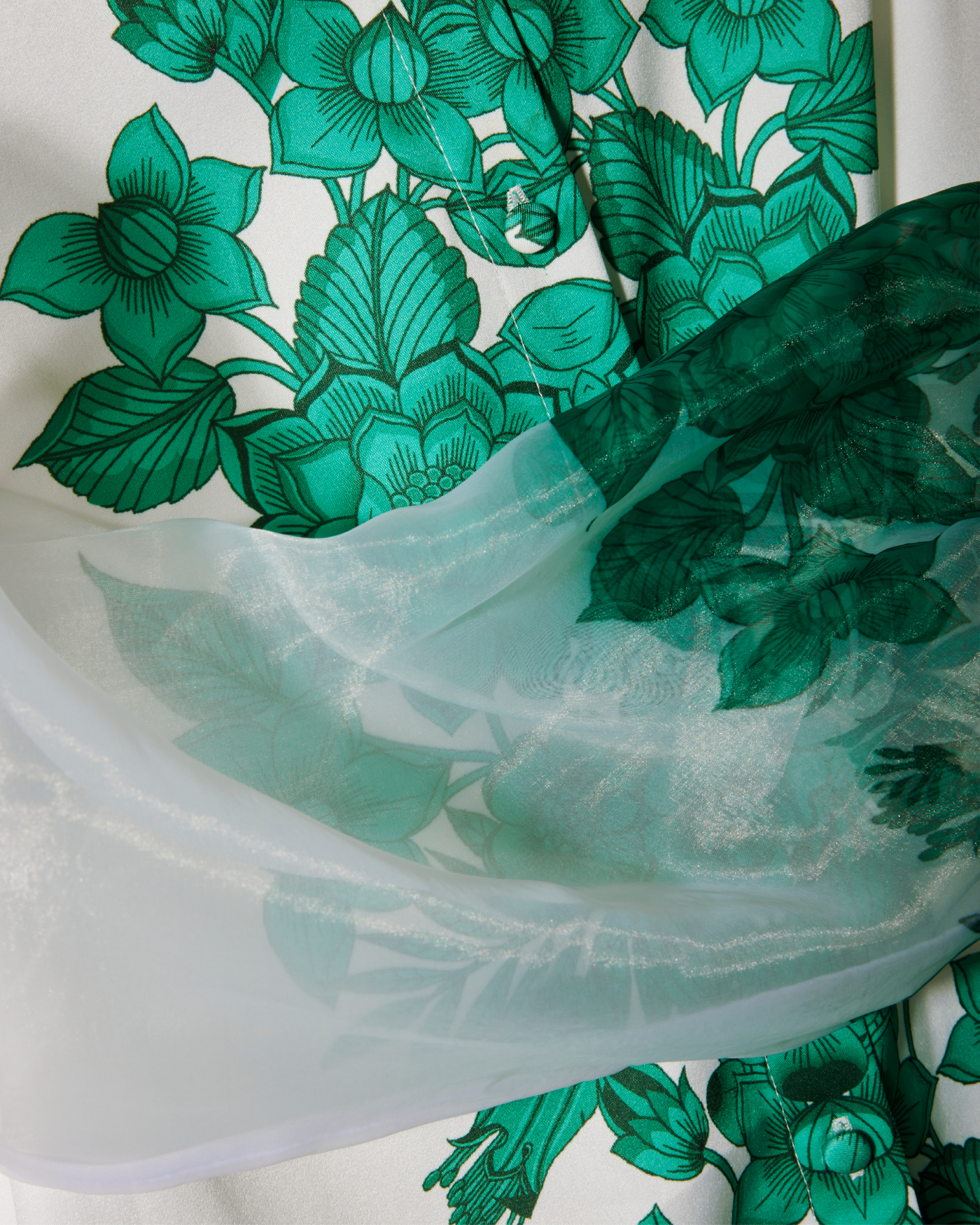 Printed Organza Sleeve Button Up Shirt Tropical Border