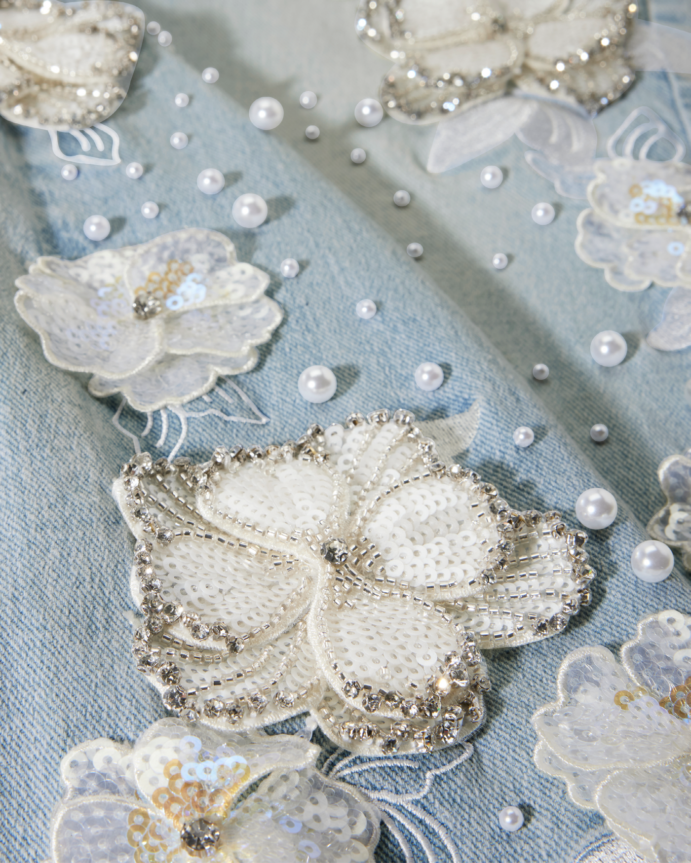 Monterey 3D Floral Pearl Embellished Jean Light Wash