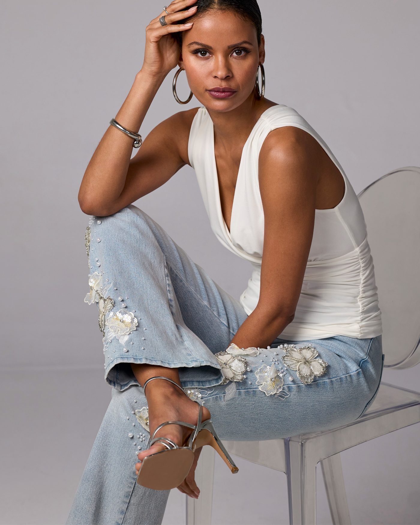 Monterey 3D Floral Pearl Embellished Jean Light Wash