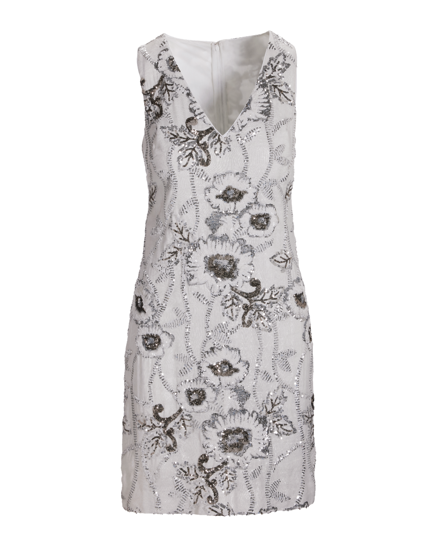 V Neck Sequin Embellished Shimmer Linen Sheath Dress White Silver