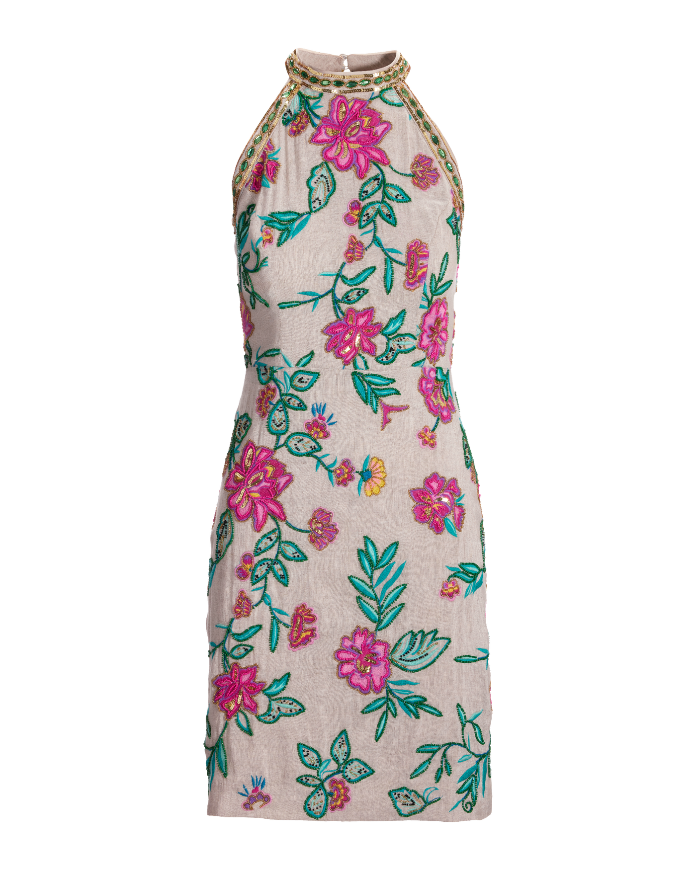 Mock Neck Multicolored Bead Embellished And Embroidered Sheath Dress Flax