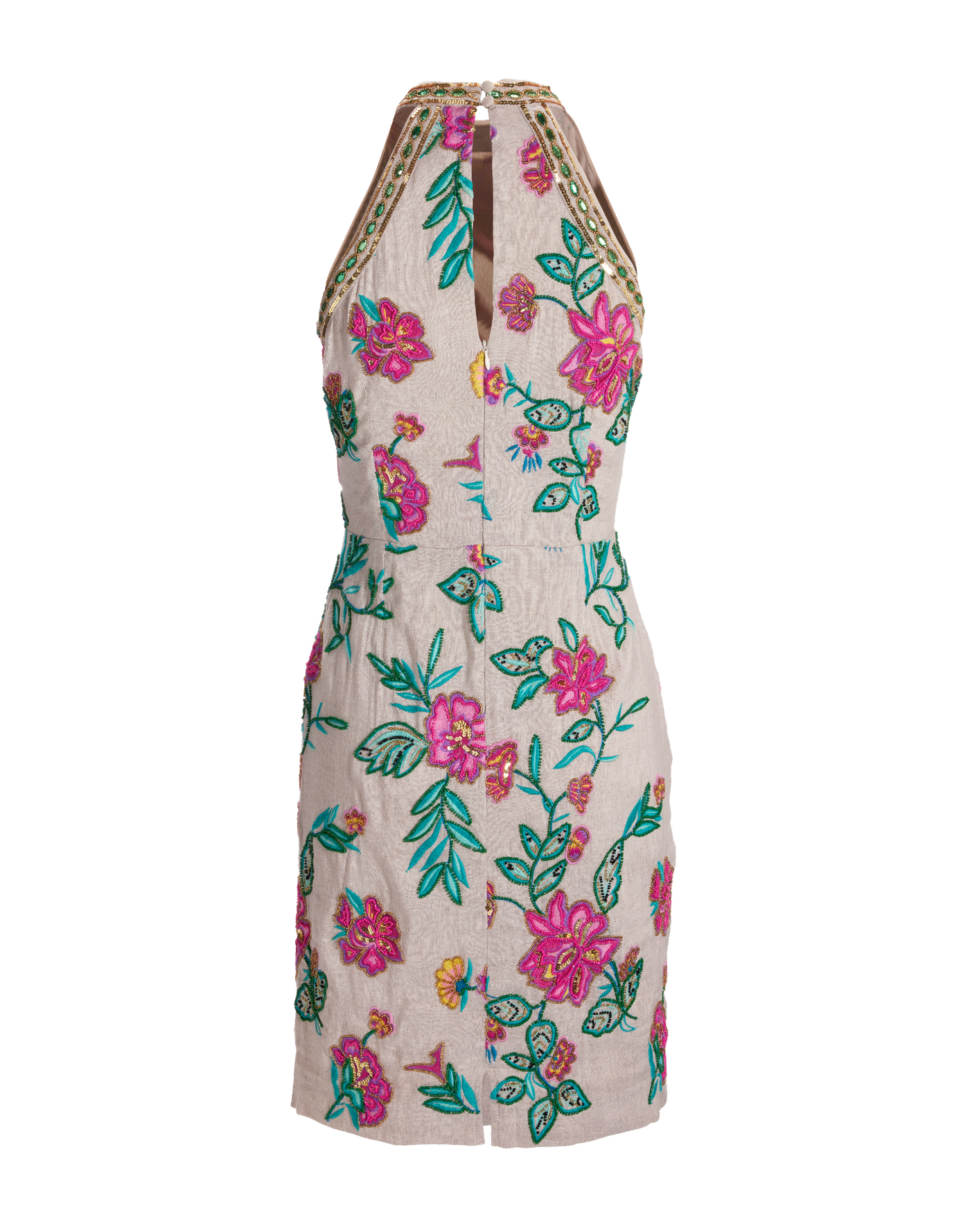 Mock Neck Multicolored Bead Embellished And Embroidered Sheath Dress Flax
