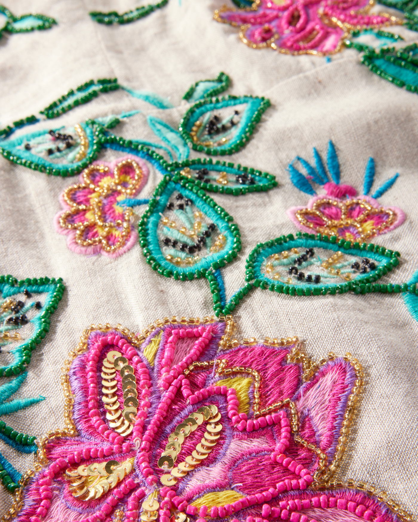 Mock Neck Multicolored Bead Embellished And Embroidered Sheath Dress Flax