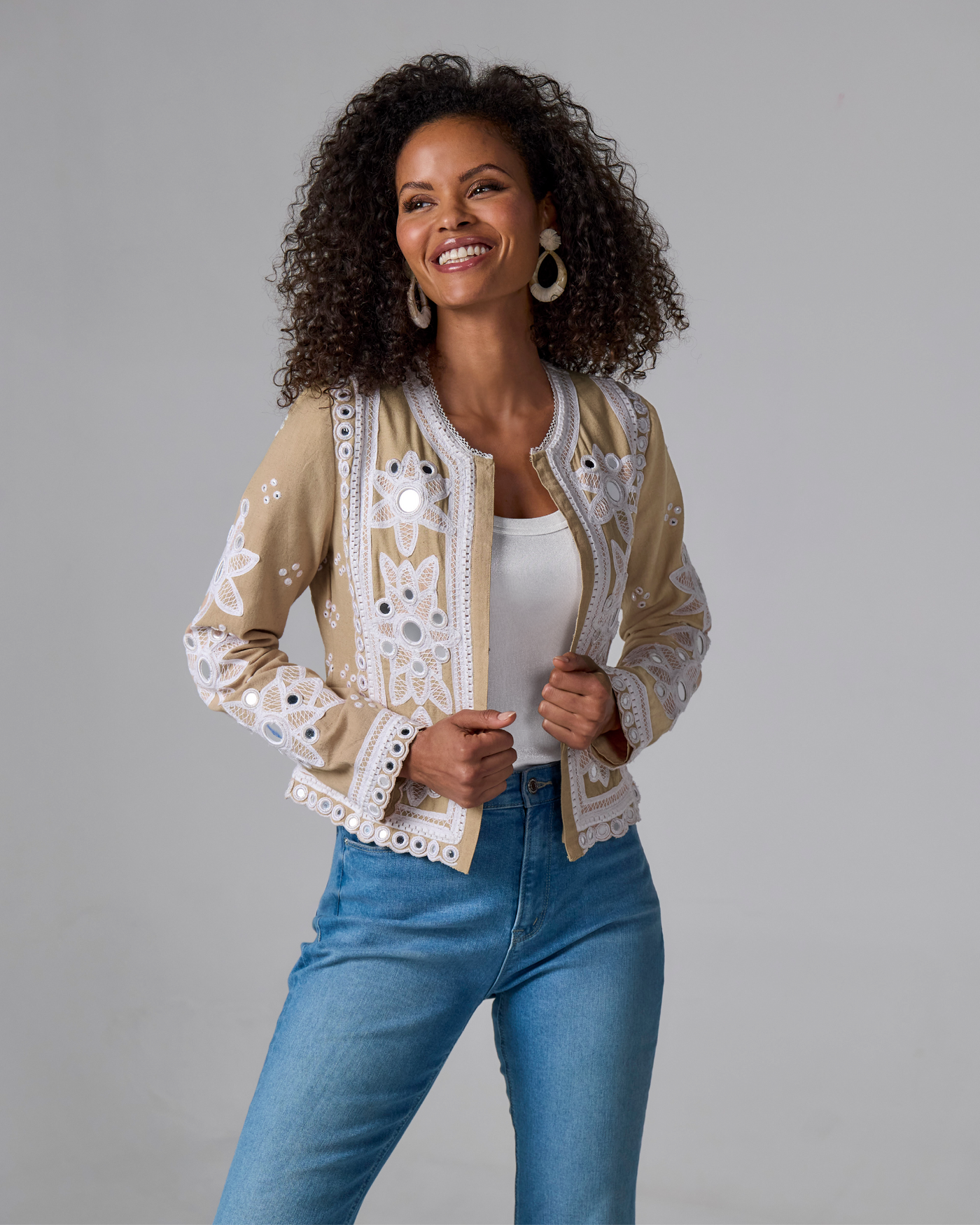 Mirror Embellished and Embroidered Linen Jacket - Sesame | Boston Proper