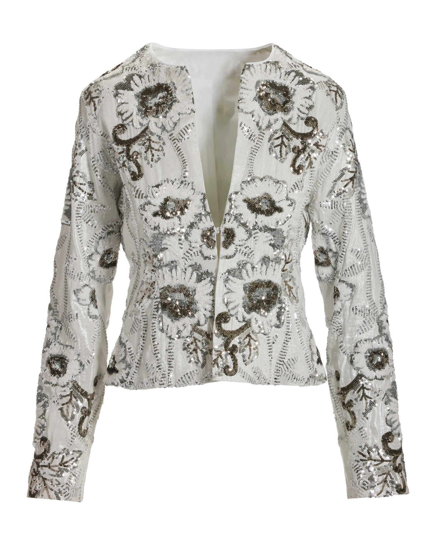 Floral Sequin Embellished Shimmer Linen Jacket White Silver