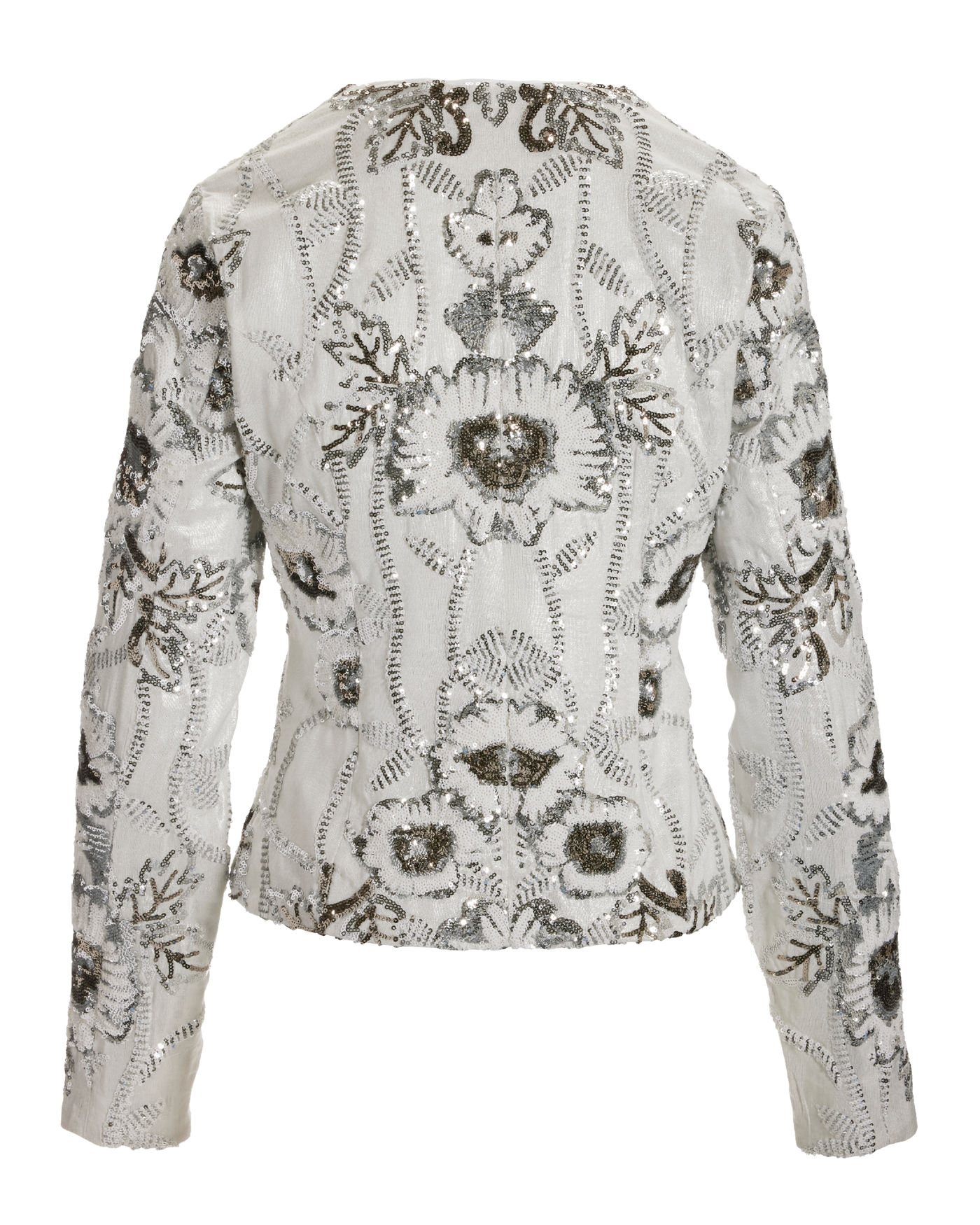 Floral Sequin Embellished Shimmer Linen Jacket White Silver