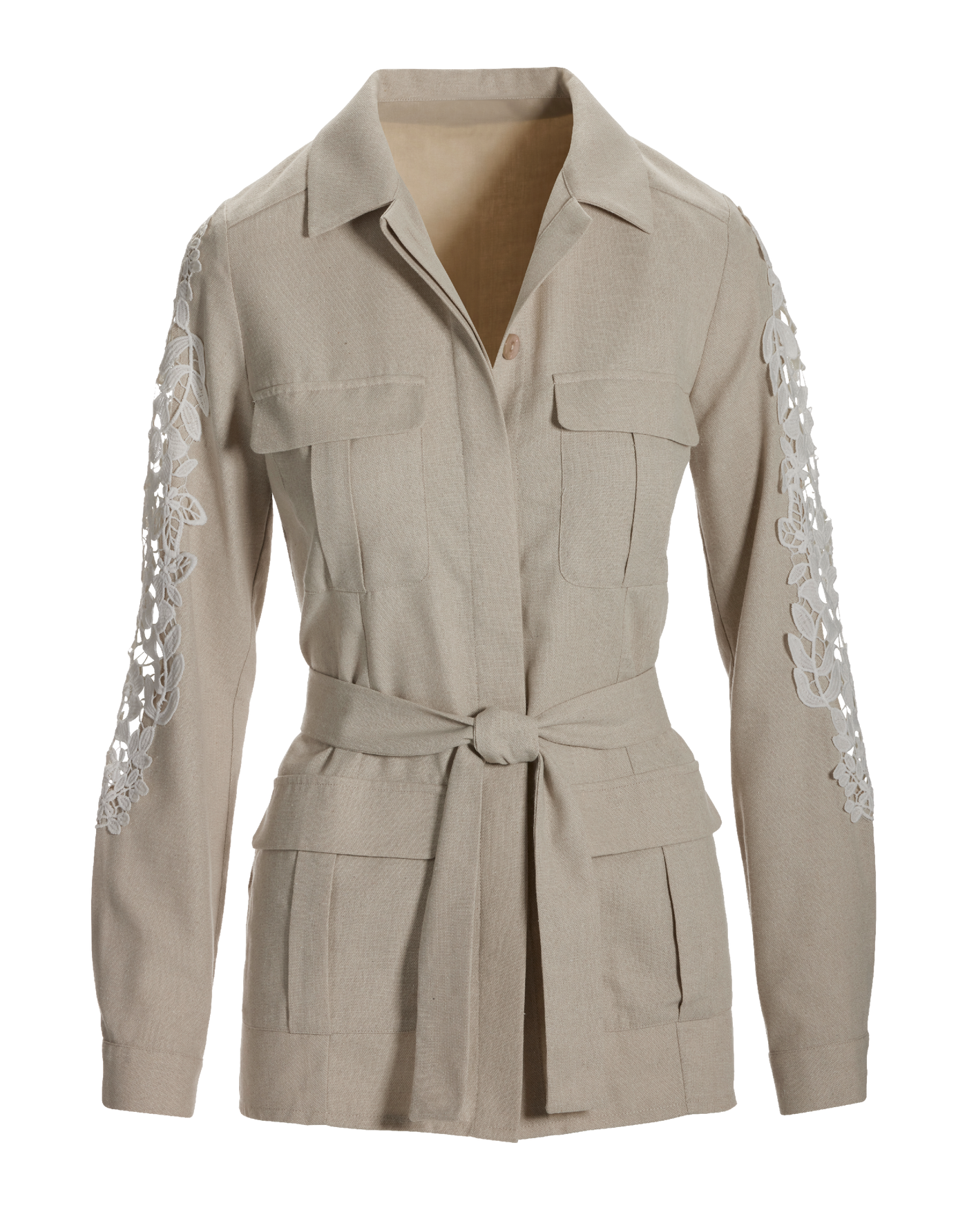 Lace Inset Linen Utility Jacket Tan