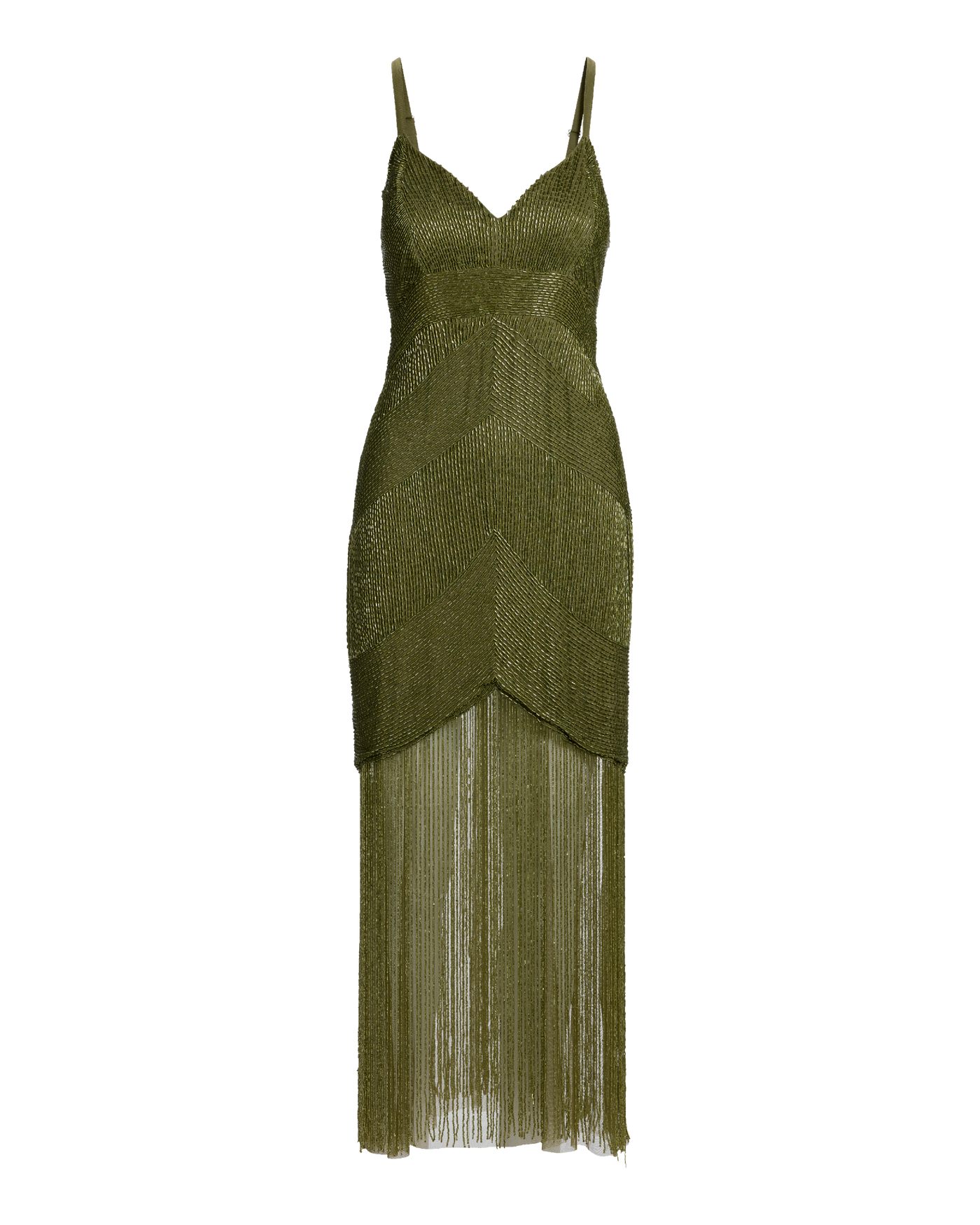 All Over Beaded Fringe Maxi Dress Olive