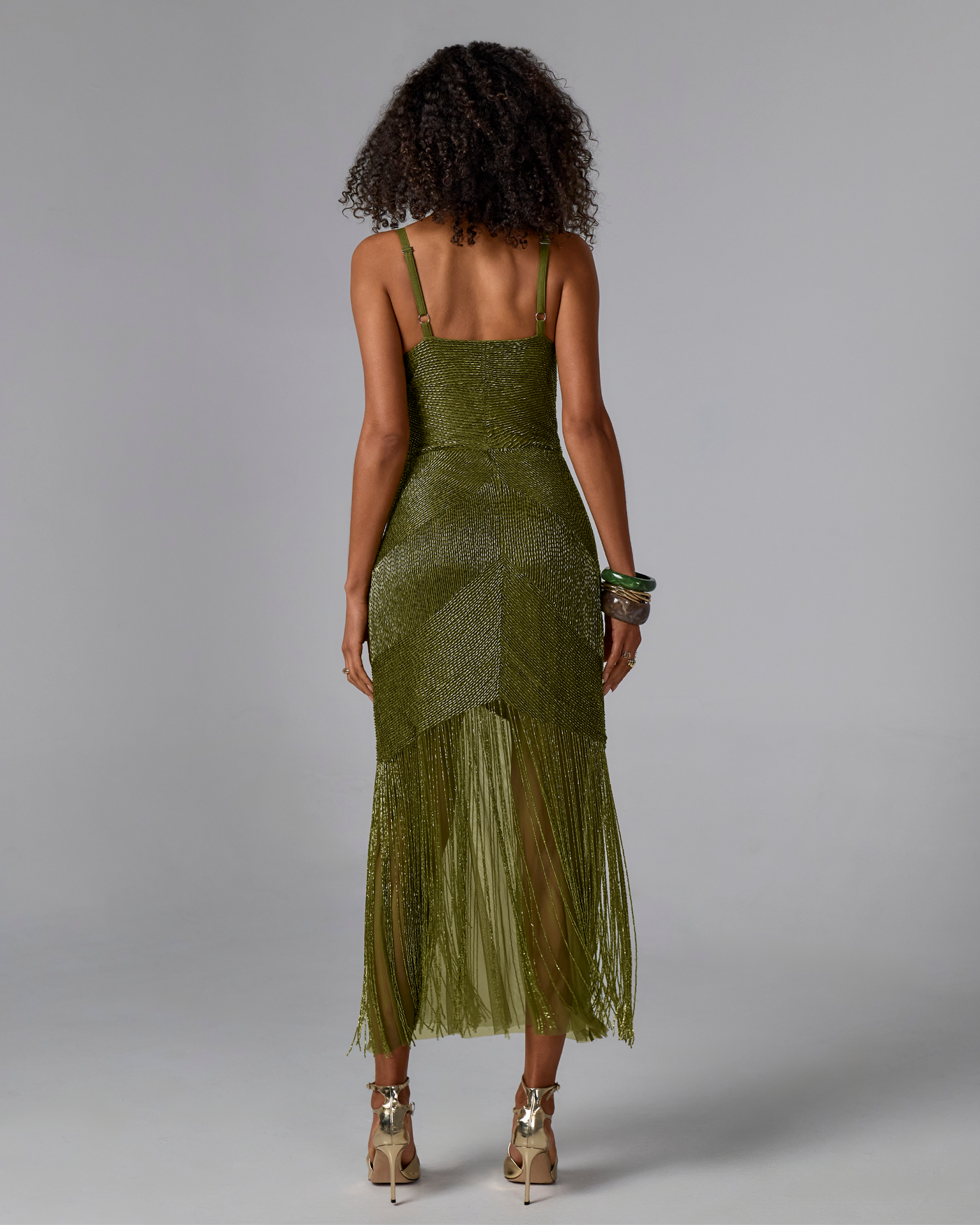 All Over Beaded Fringe Maxi Dress Olive