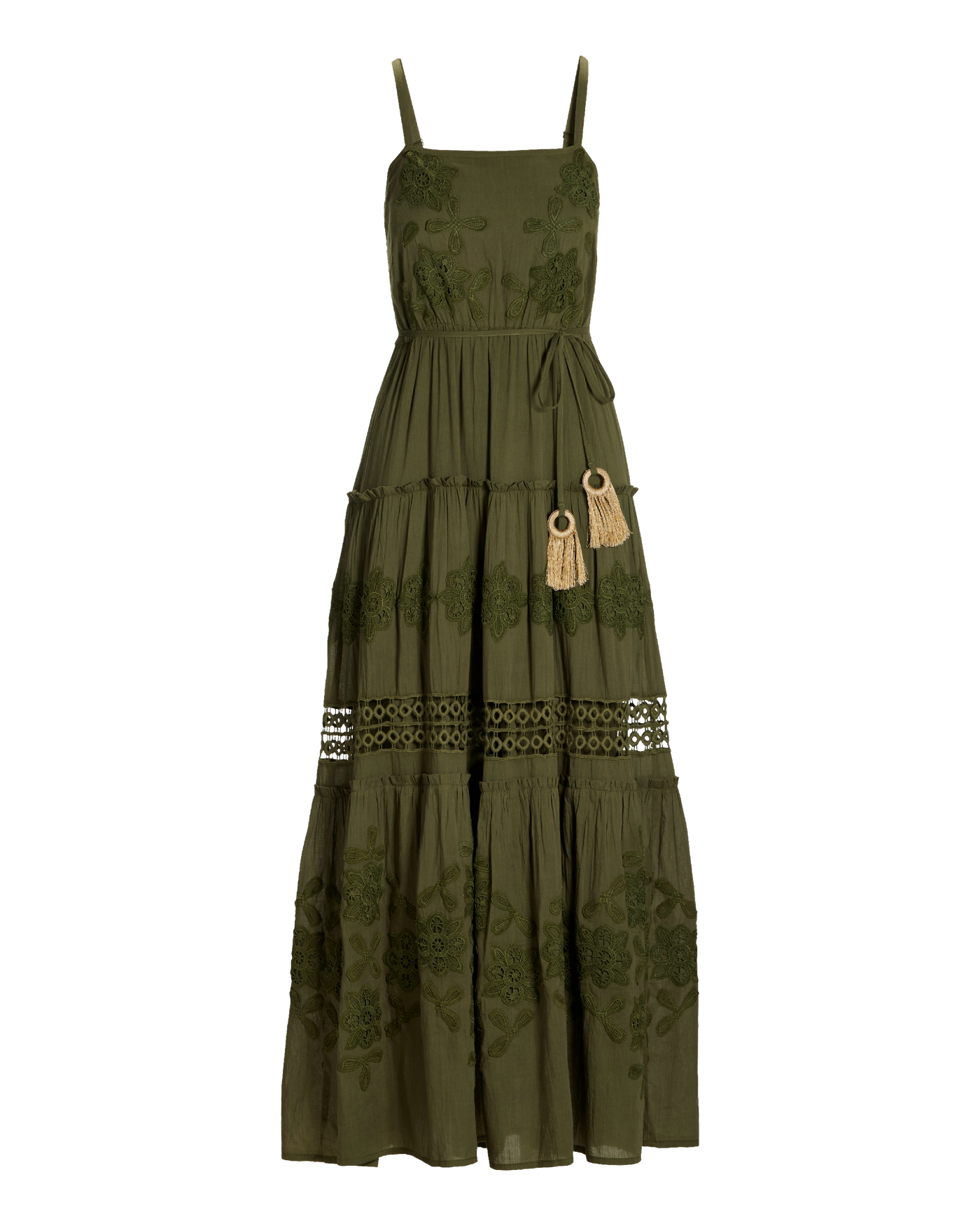 Lace Inset Woven Maxi Dress Moss Green