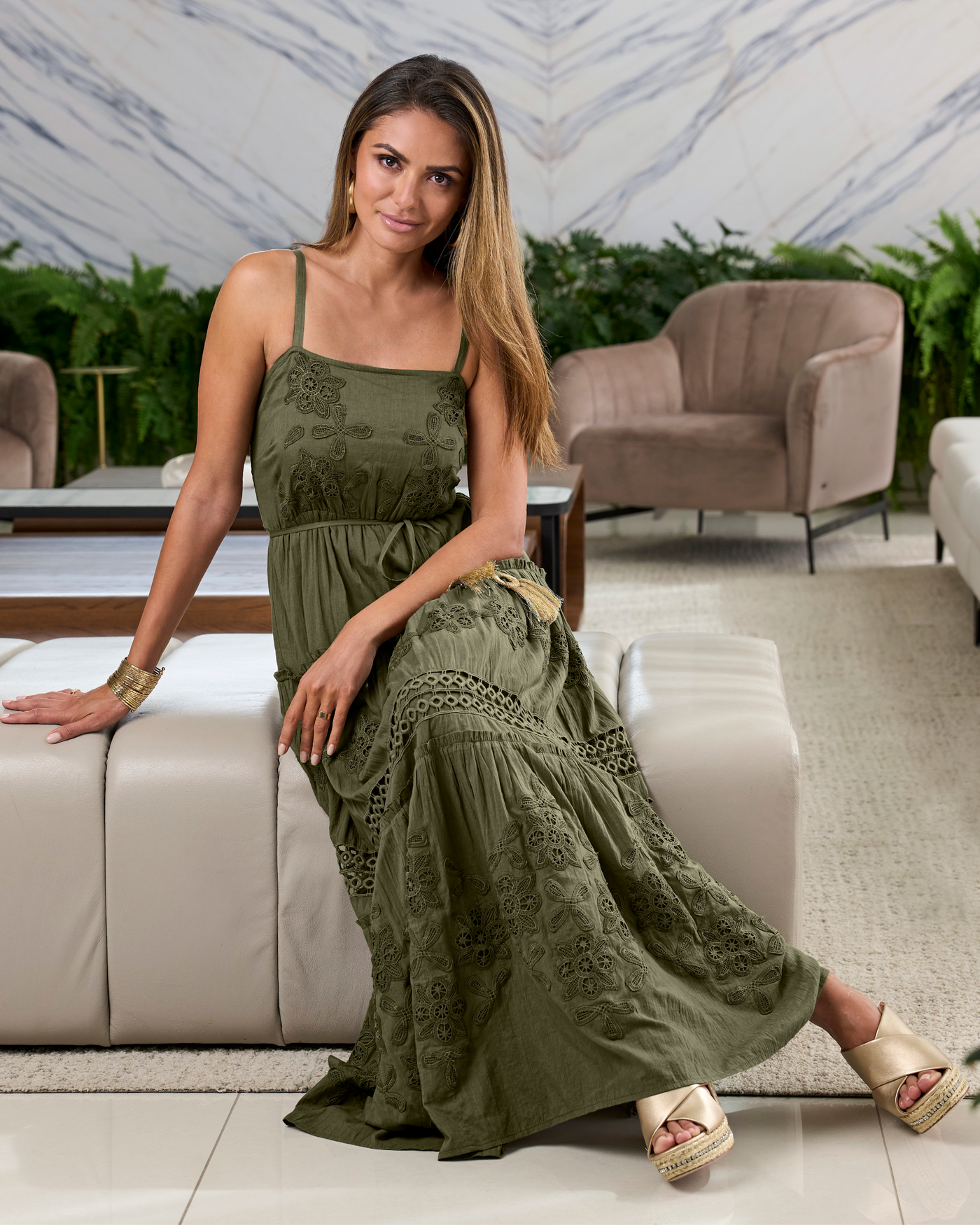 Lace Inset Woven Maxi Dress Moss Green