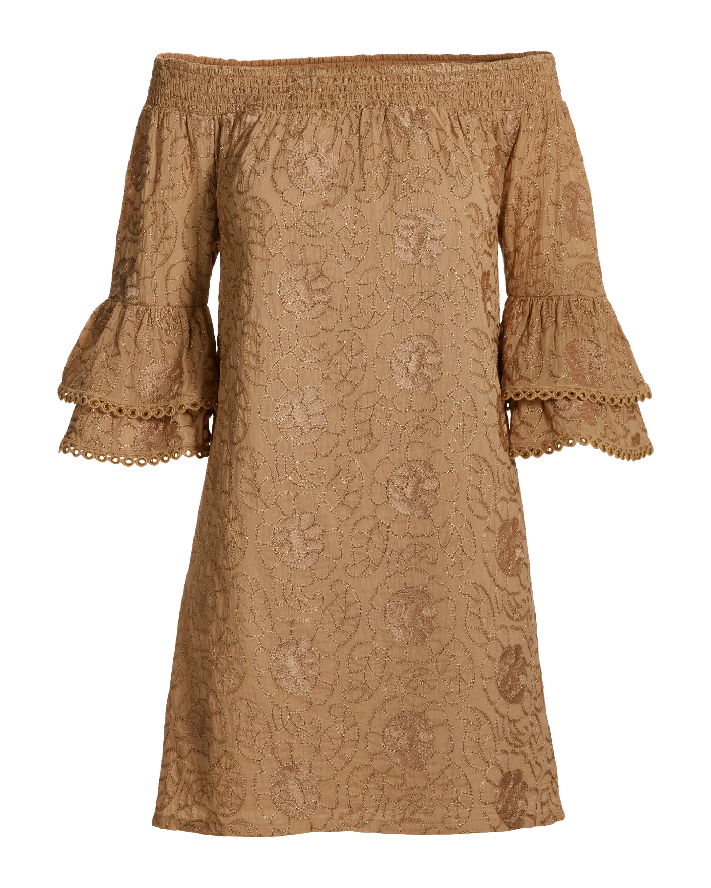 Metallic Woven Off The Shoulder Shift Dress Tan Gold