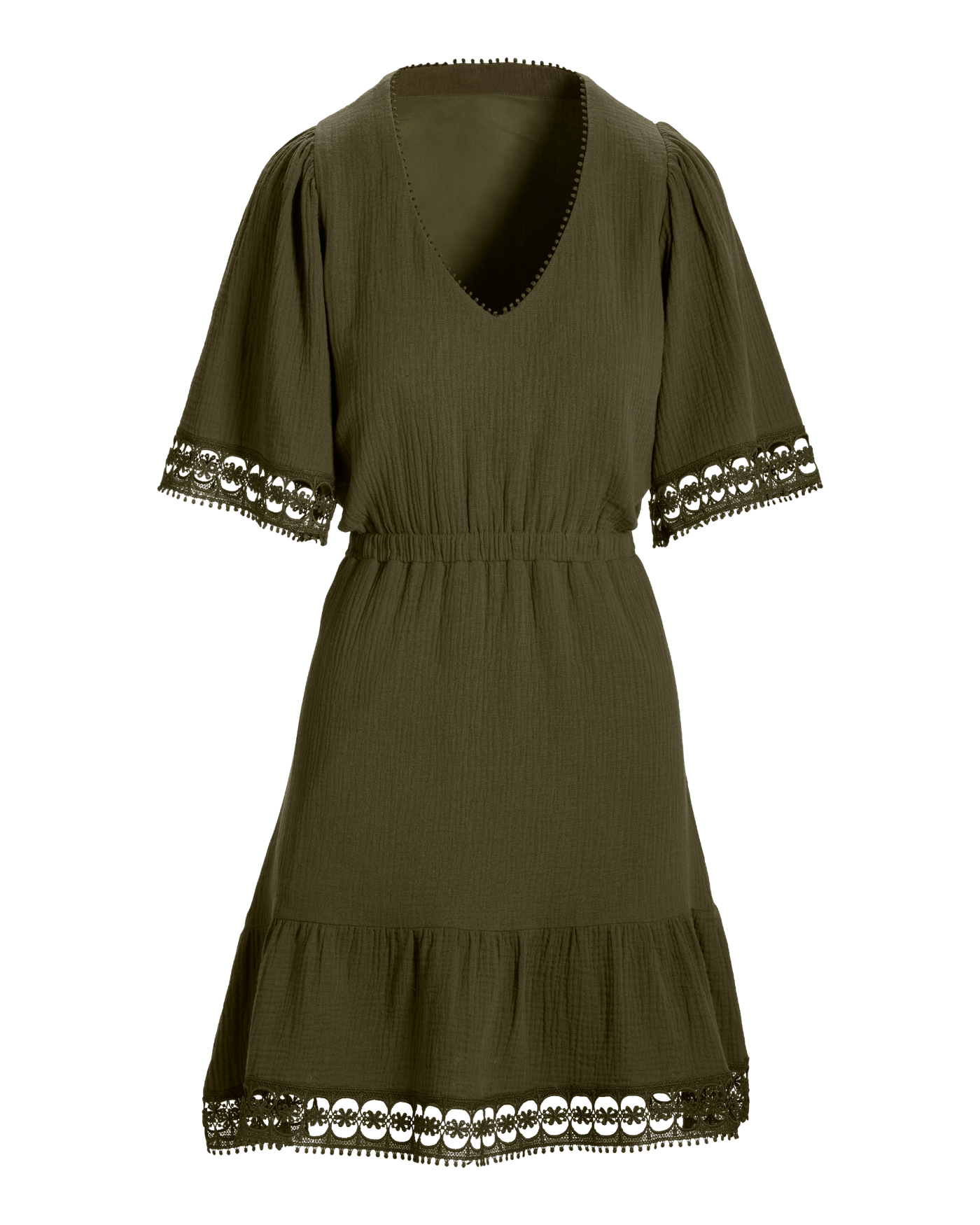 100% Cotton Gauze Lace Trim A Line Dress Olive Night