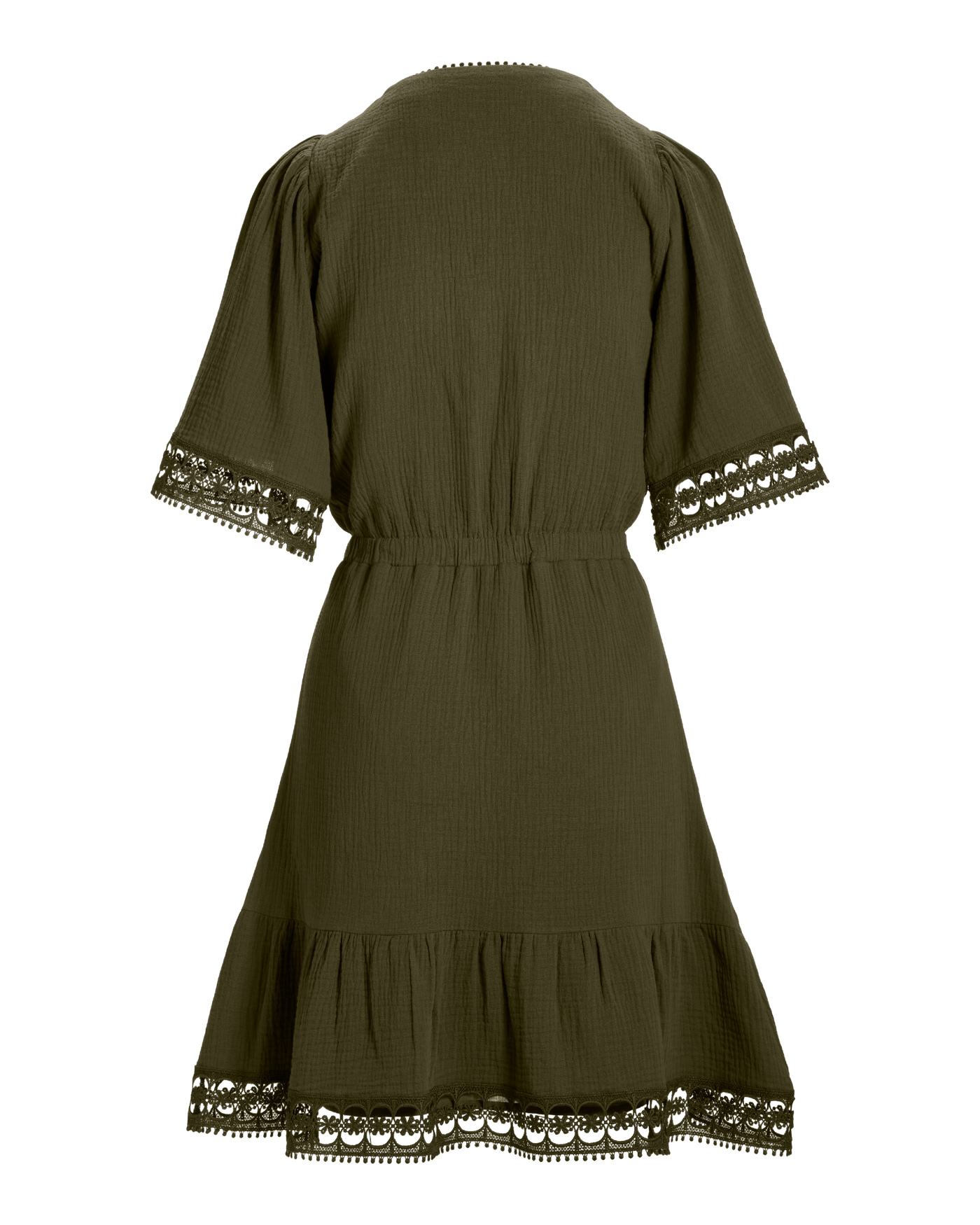 100% Cotton Gauze Lace Trim A Line Dress Olive Night