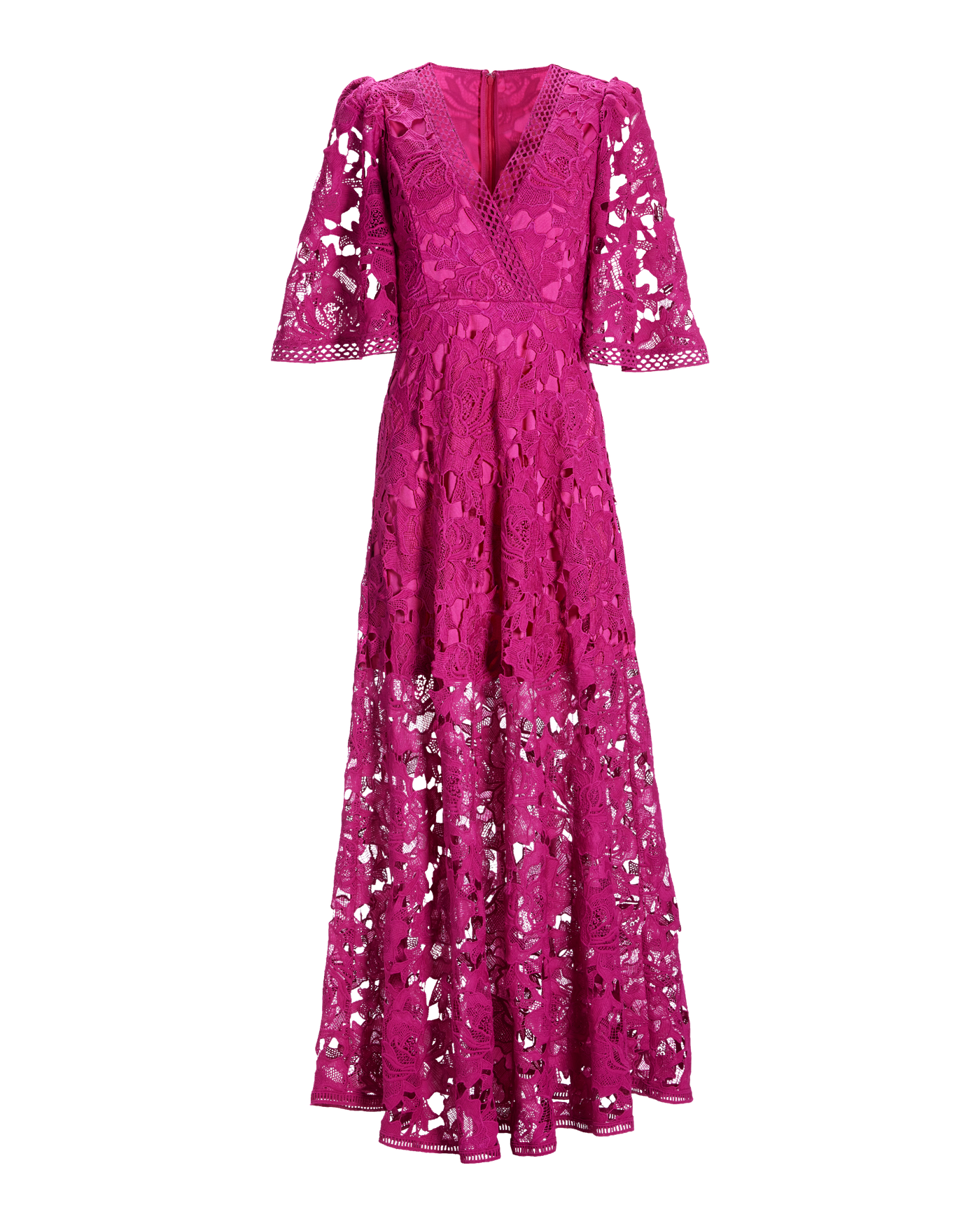 Lace Flounce Sleeve Maxi Dress Fuchsia Red
