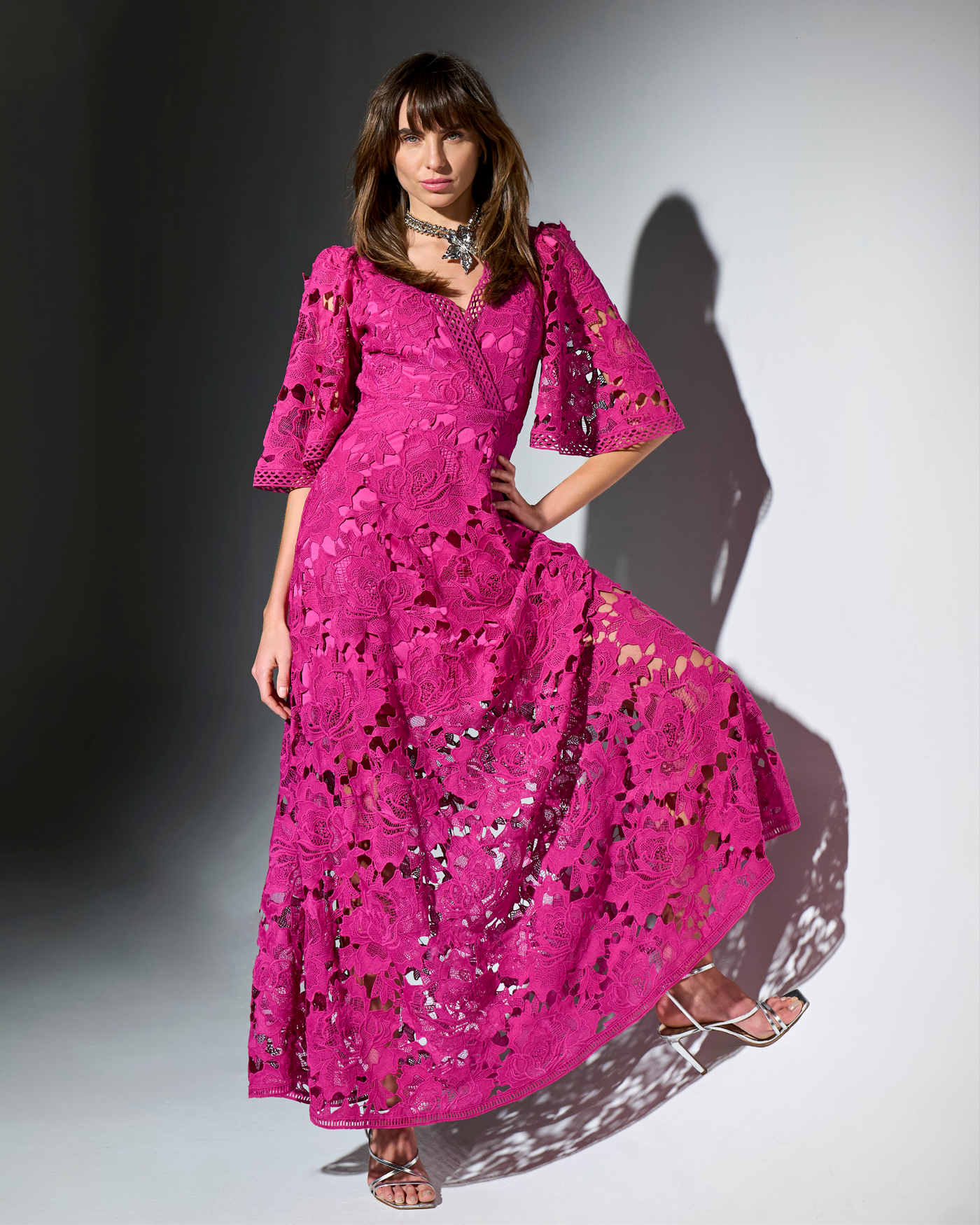 Lace Flounce Sleeve Maxi Dress Fuchsia Red