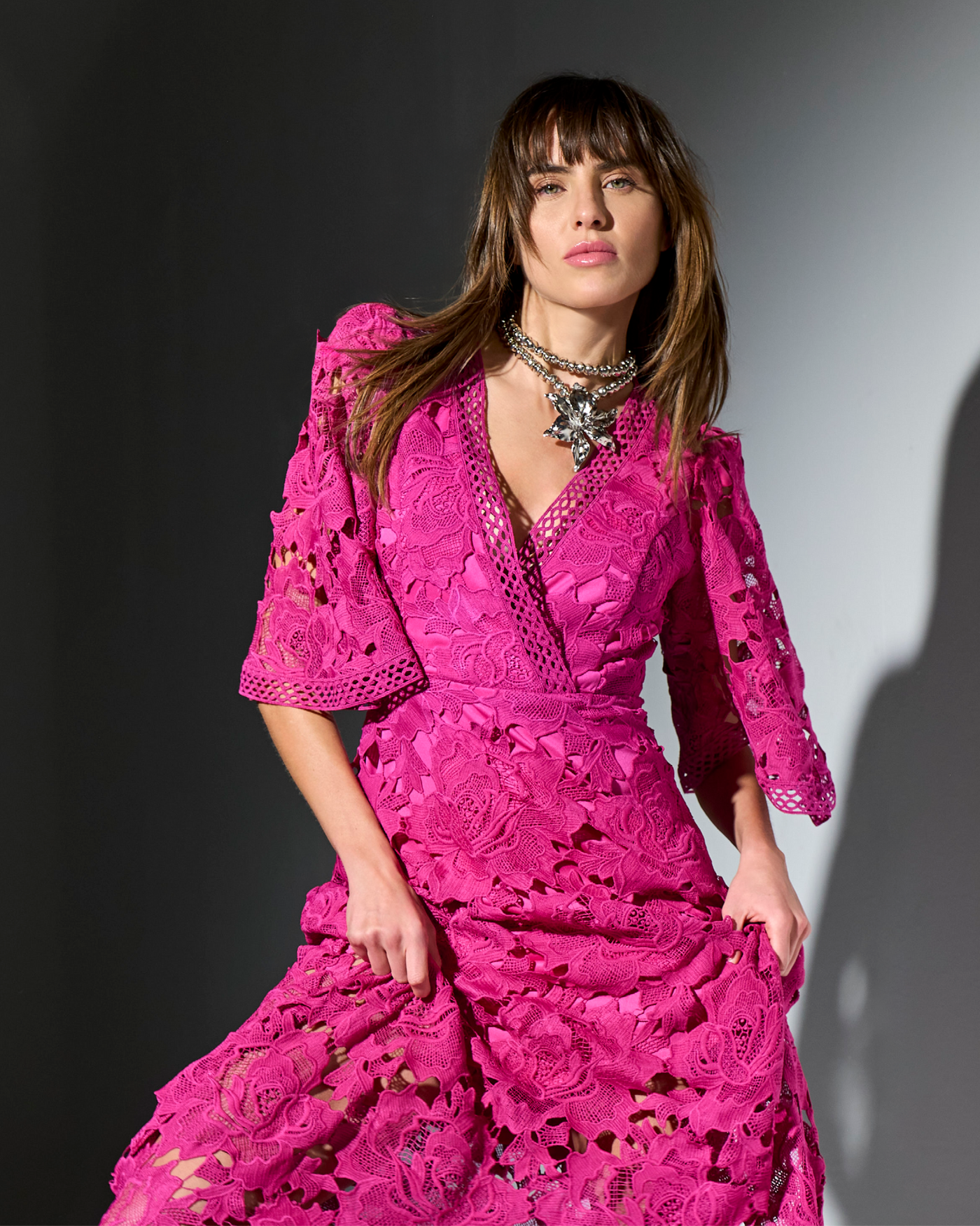 Lace Flounce Sleeve Maxi Dress Fuchsia Red