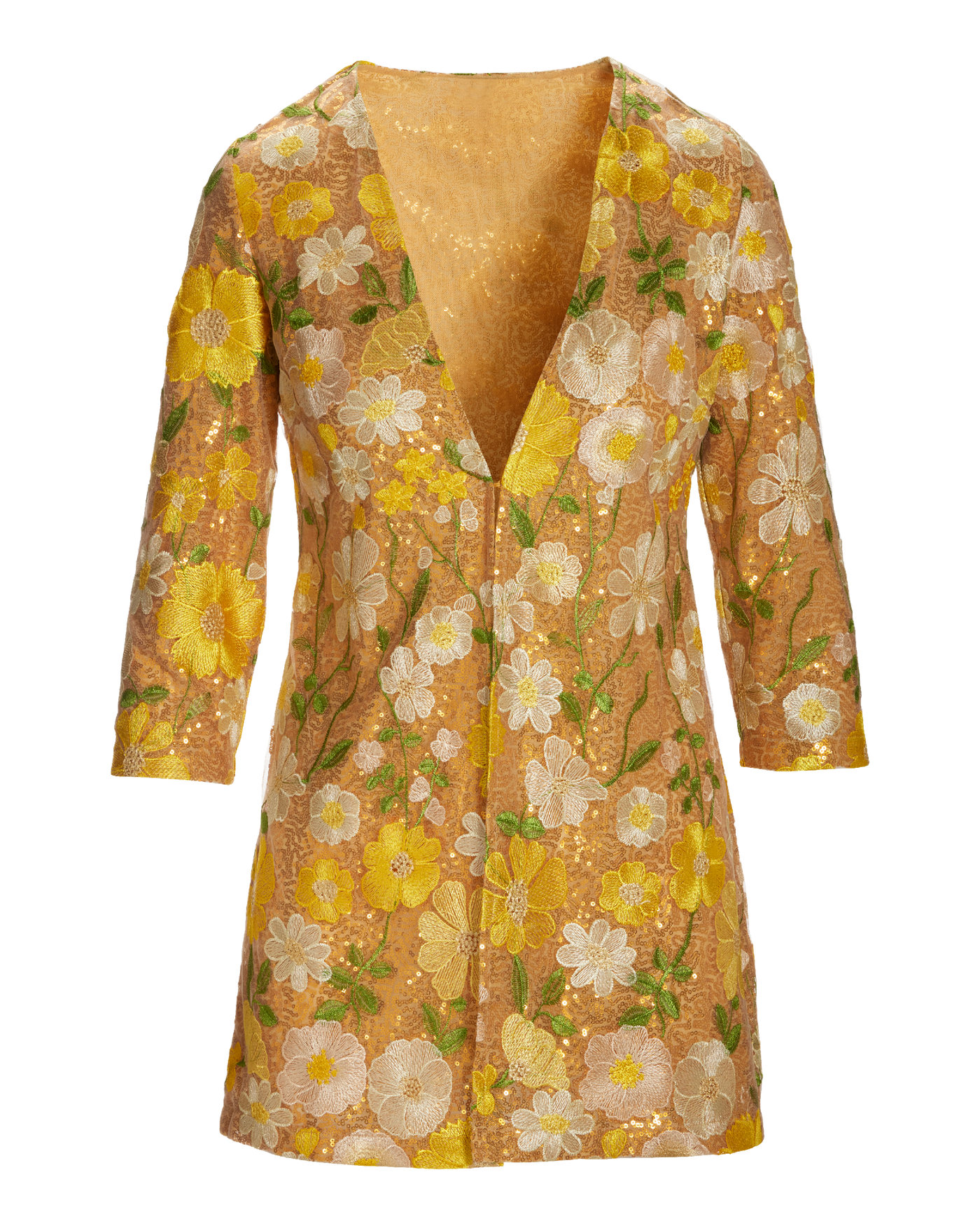 Sequin Embroidered Mesh Hip Length Duster Yellow Multi
