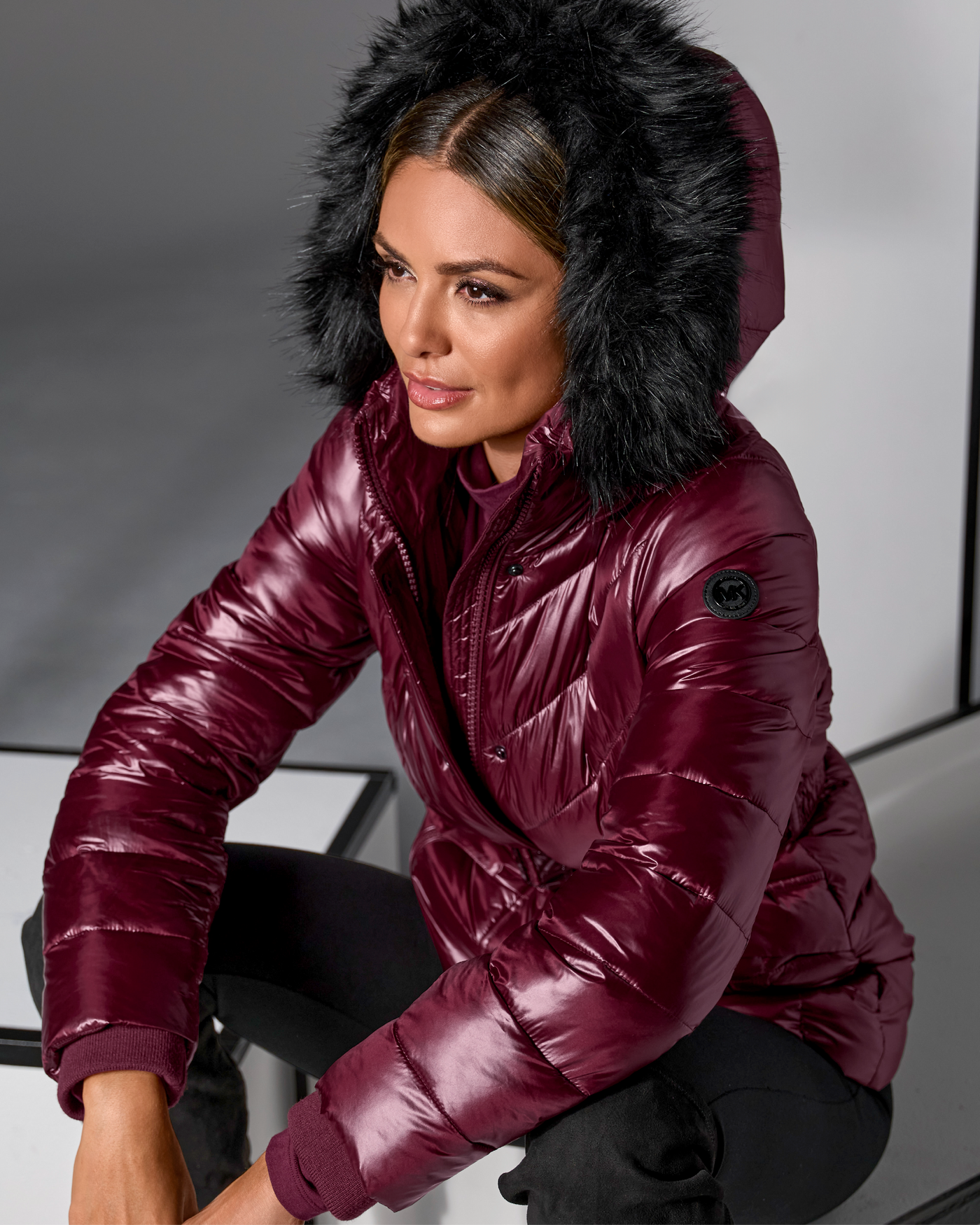 Glossy Finish Faux Fur Trim Hooded Puffer Coat - Cabernet | Boston