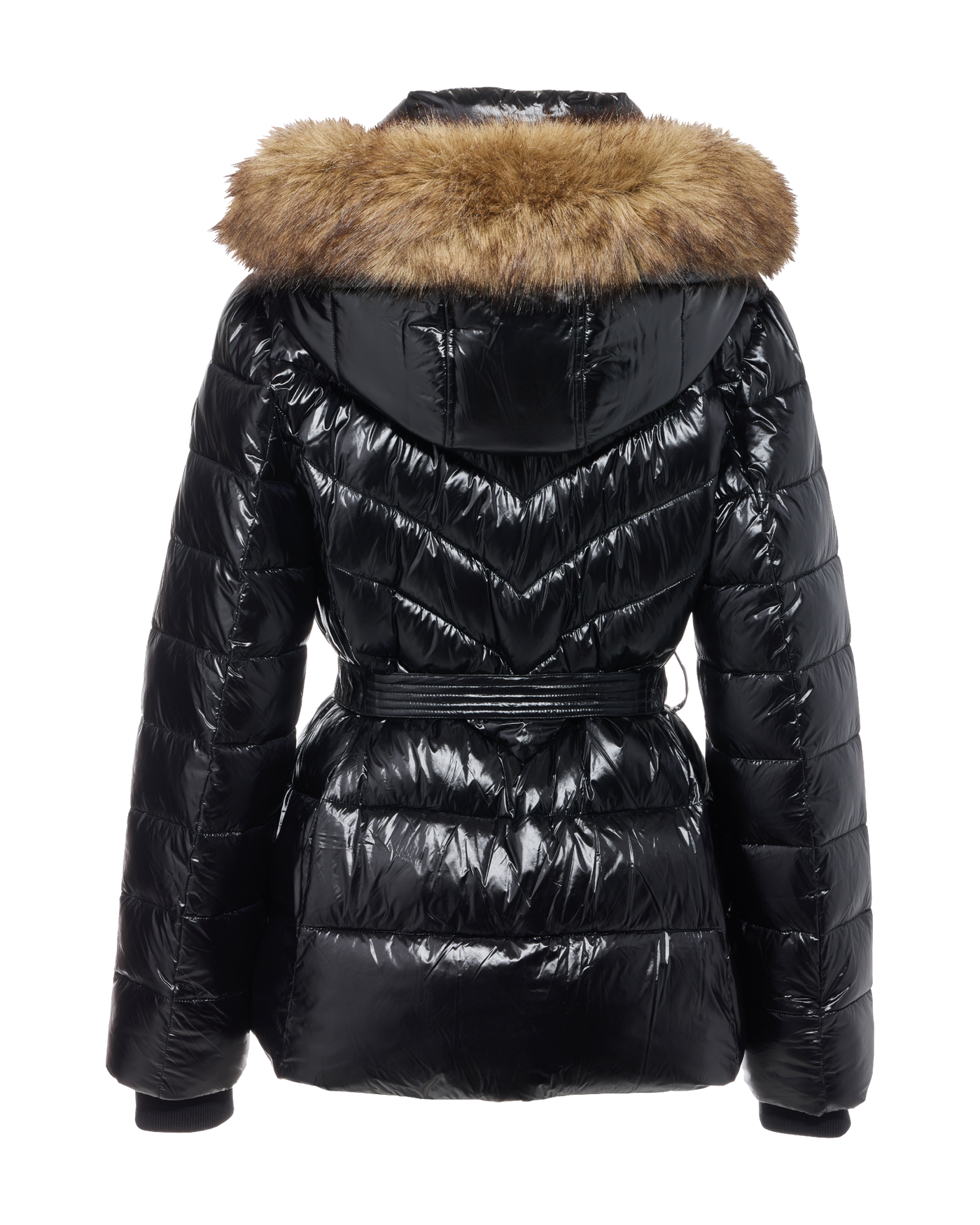 Glossy Finish Faux Fur Trim Hooded Puffer Coat Black Boston Proper