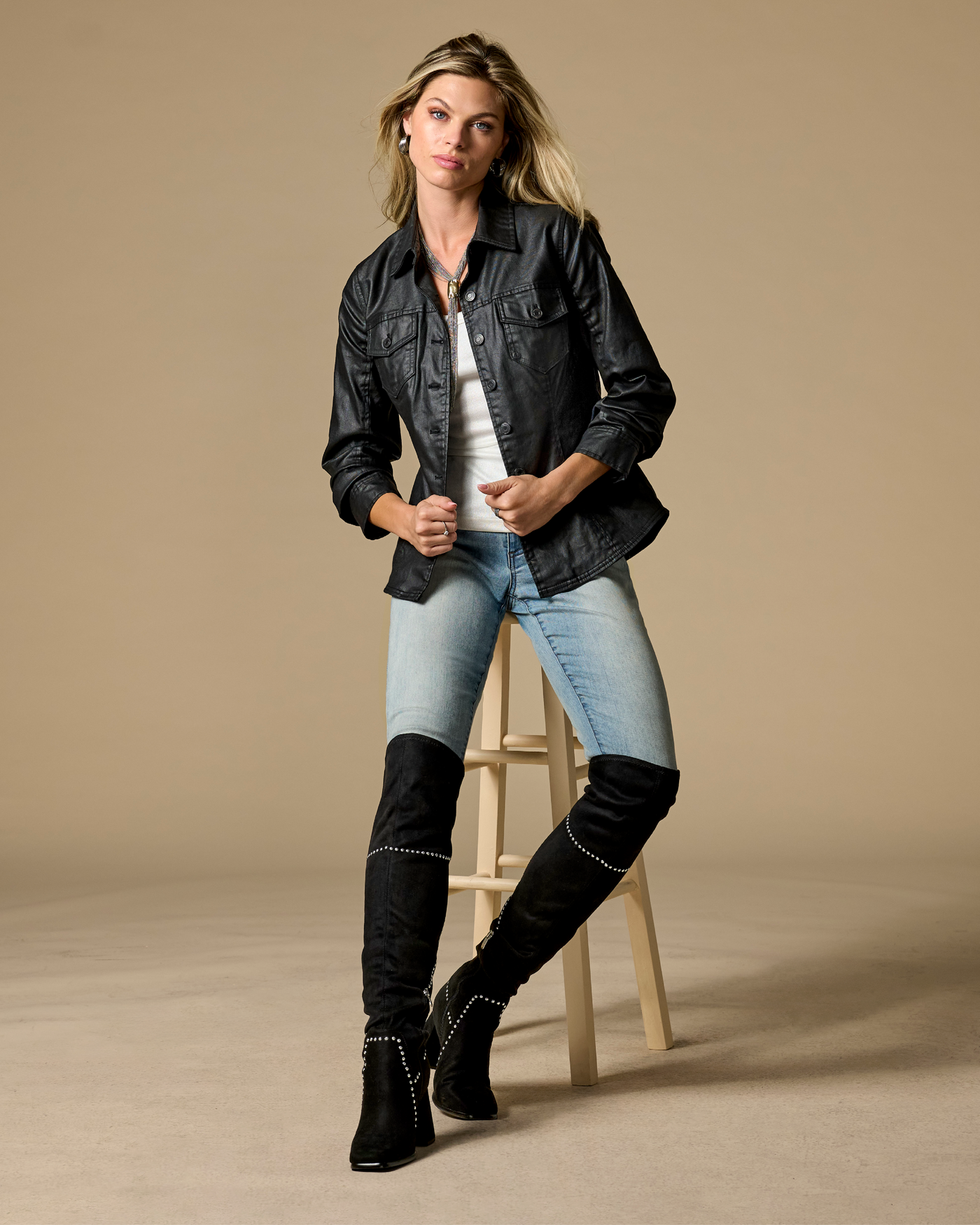 Over The Knee Studded Square Toe Boot - Black | Boston Proper