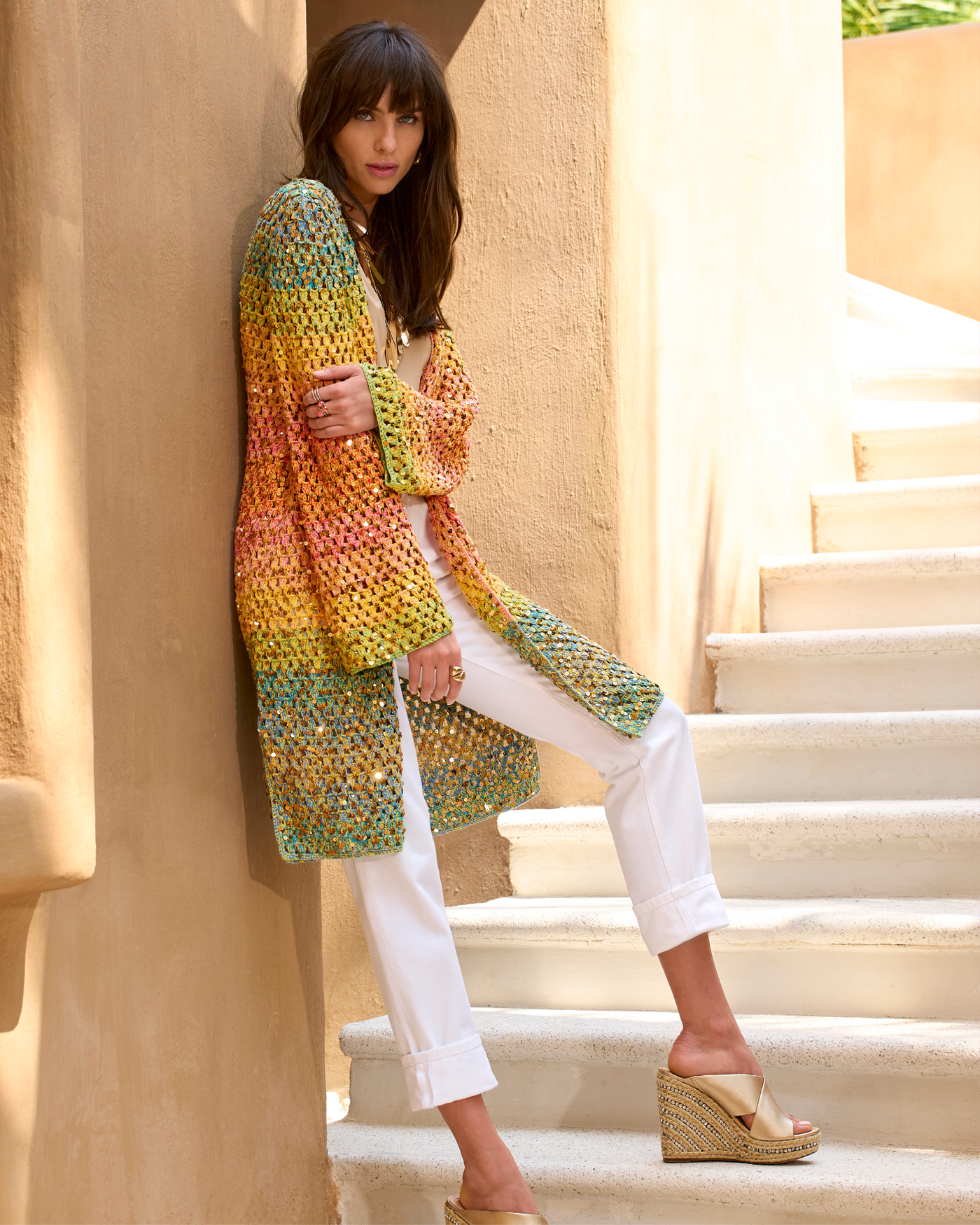 Crochet Sequin Sweater Duster Multi
