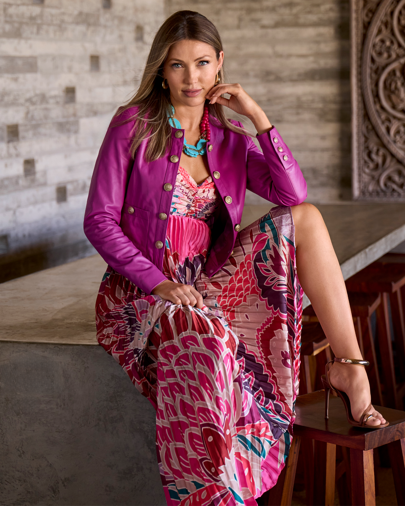Boston Proper - Printed Charmeuse Pleated Maxi Dress Pink - 0
