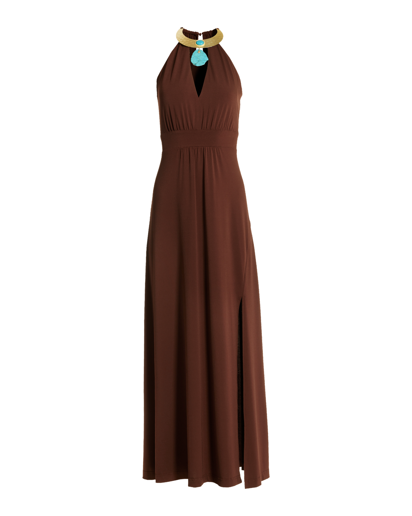 Turquoise Hardware Halter Knit Maxi Boho Dress - Chocolate | Boston Proper
