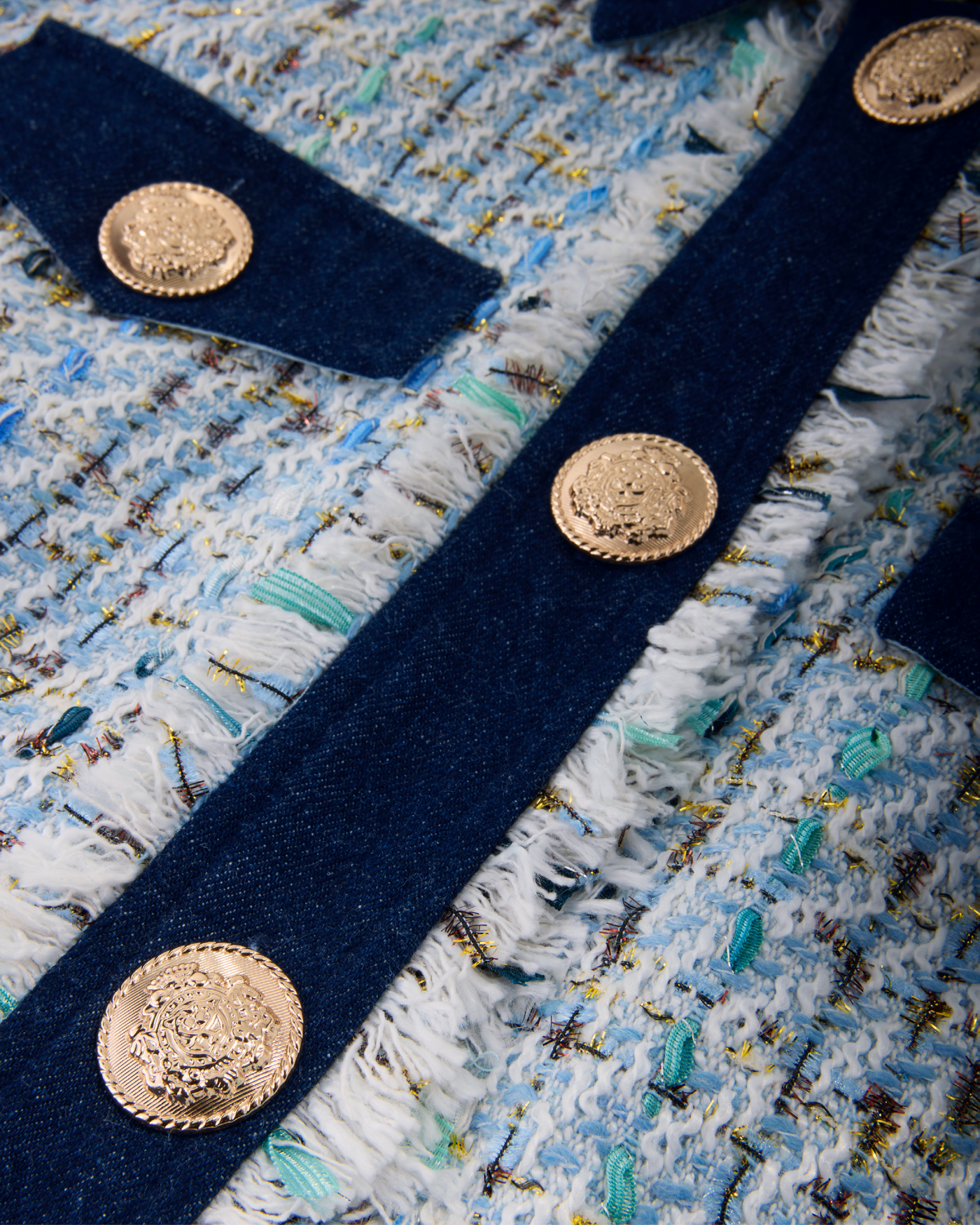 Shimmer Tweed Denim Trim Jacket Light Blue Multi Boston Proper