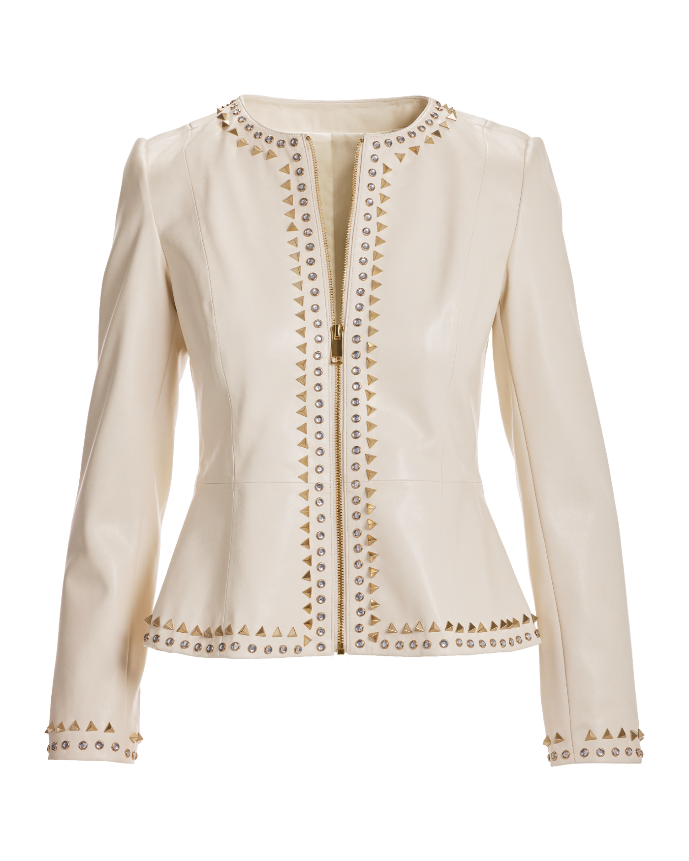 Crystal and Stud Trim Faux Leather Zip Up Peplum Jacket Bone
