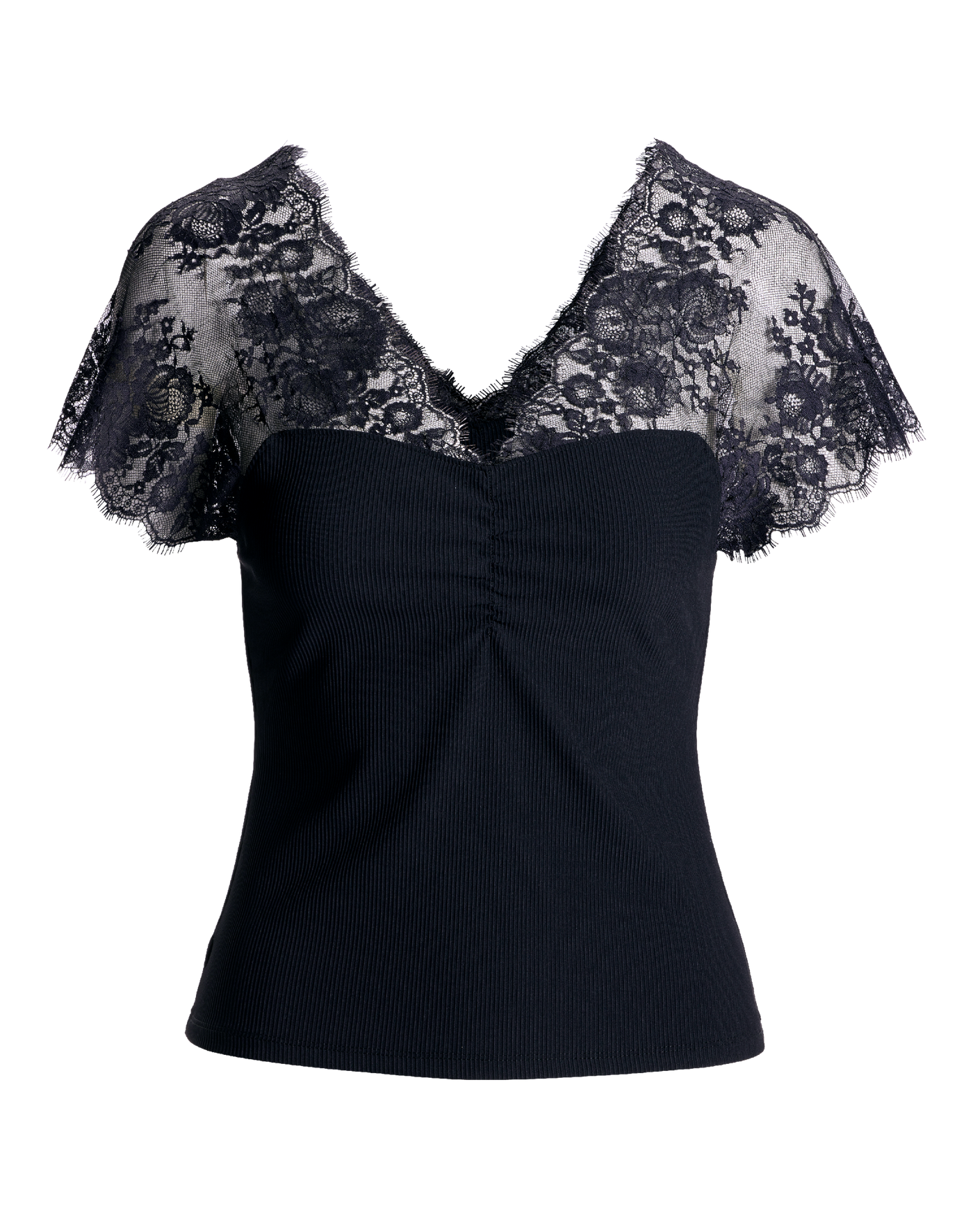 Delicate Lace and Slink Rib  Knit Top Proper Black