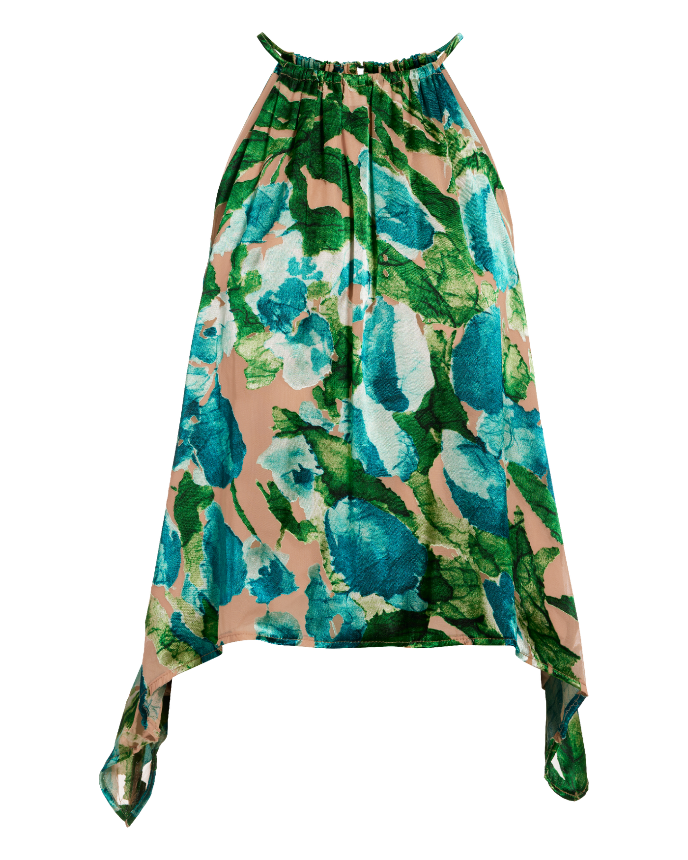 Burnout Print Halter Handkerchief Hem Blouse Blue/Green Multi